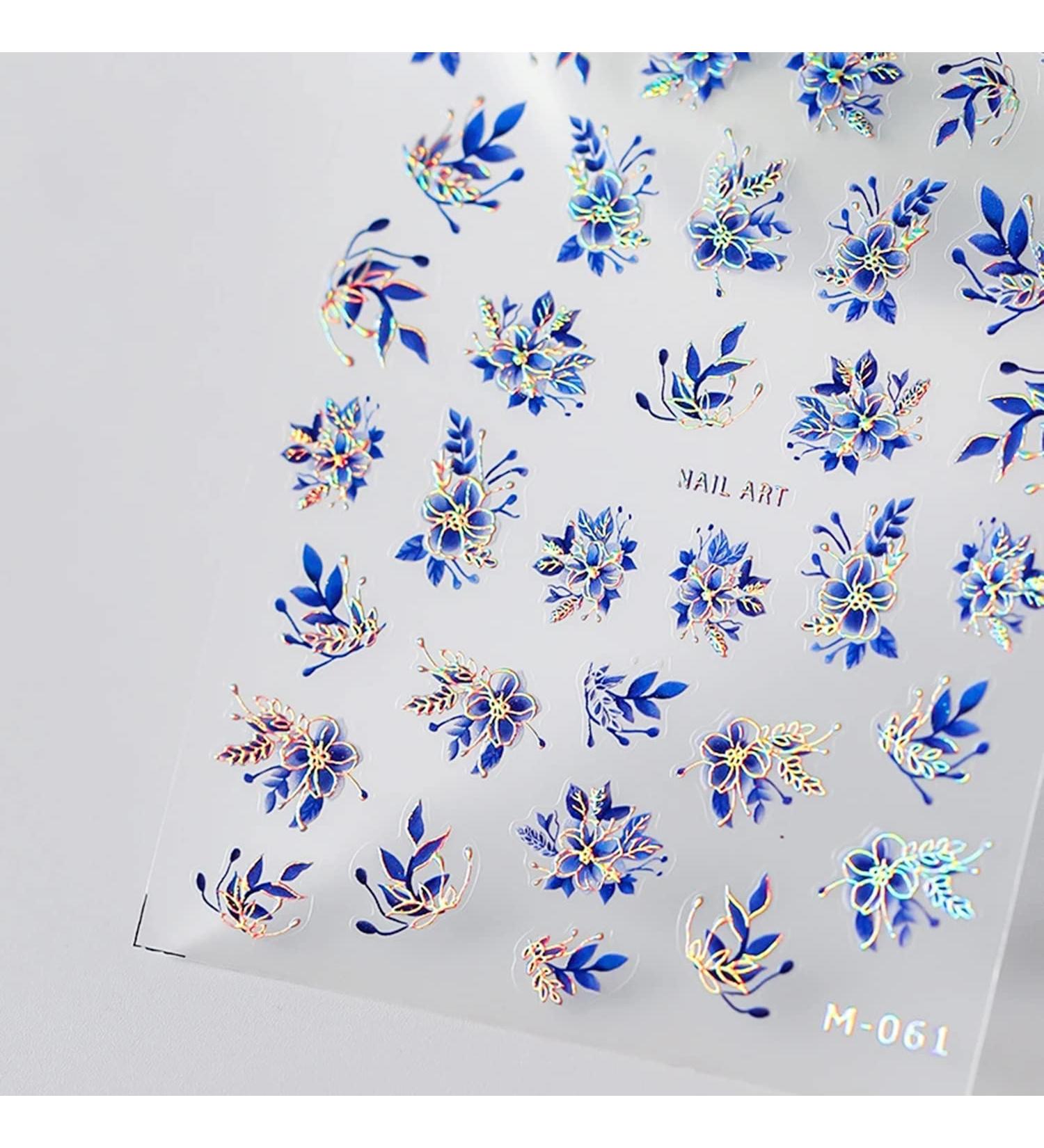5D Embossed Flower Nail Art Stickers for Acrylic Nails - Blue Flowers with Gold Lines - Nail Decals for Women DIY Manicures - Buy Online on GoSupps.com
