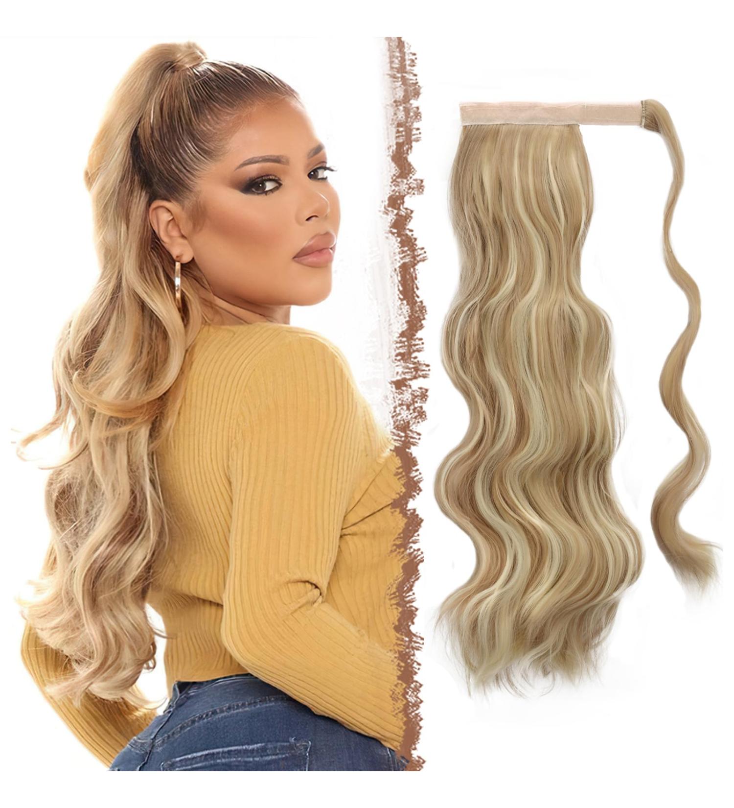 Shop Long Wavy Curly Fish Braid Ponytail Hair Extensions - Light Ash Brown & Bleach Blond 60cm | Clip-In Synthetic Hair for Women - Buy Online on GoSupps.com