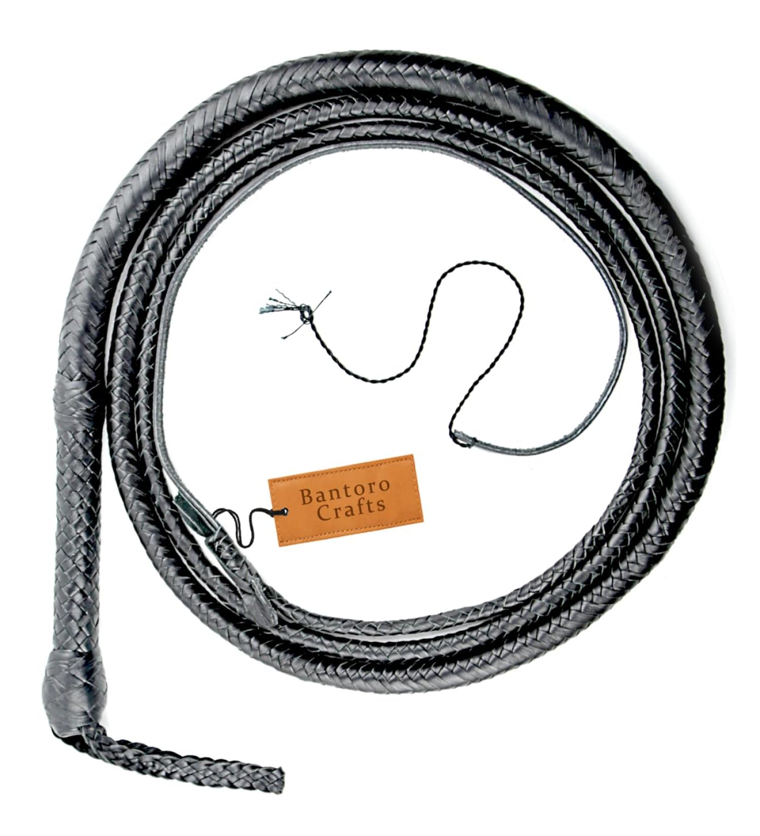Bantoro Crafts 12ft Black Kangaroo Leather Bull Whip | 16-Strand Braided & Cushioned | Loud & Durable International Shipping - Buy Online on GoSupps.com