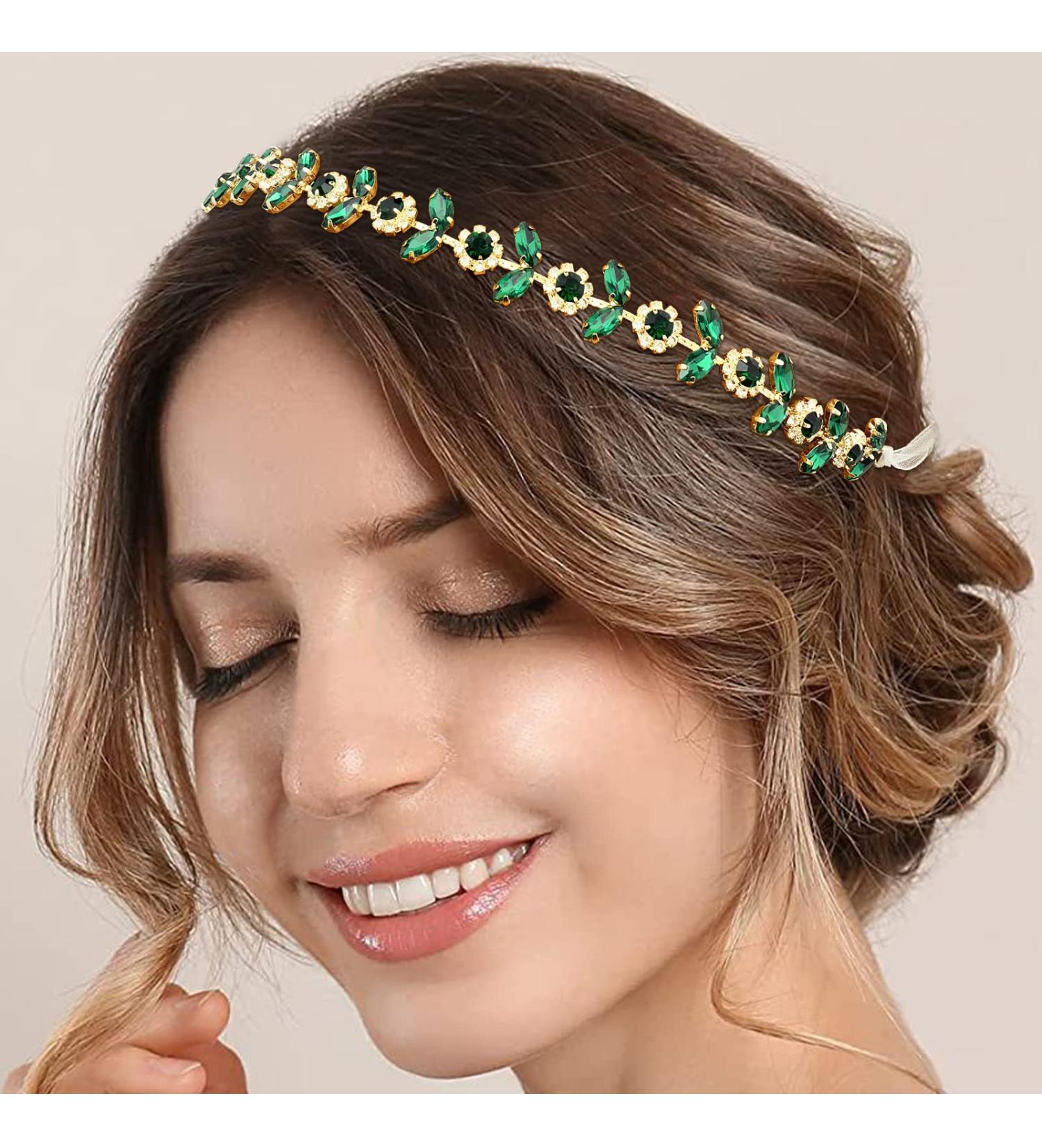 PrettyLife Green Crystal Bridal Headpiece | Rhinestone Wedding Headband for Bride | Gold Hair Accessories - Buy Online on GoSupps.com