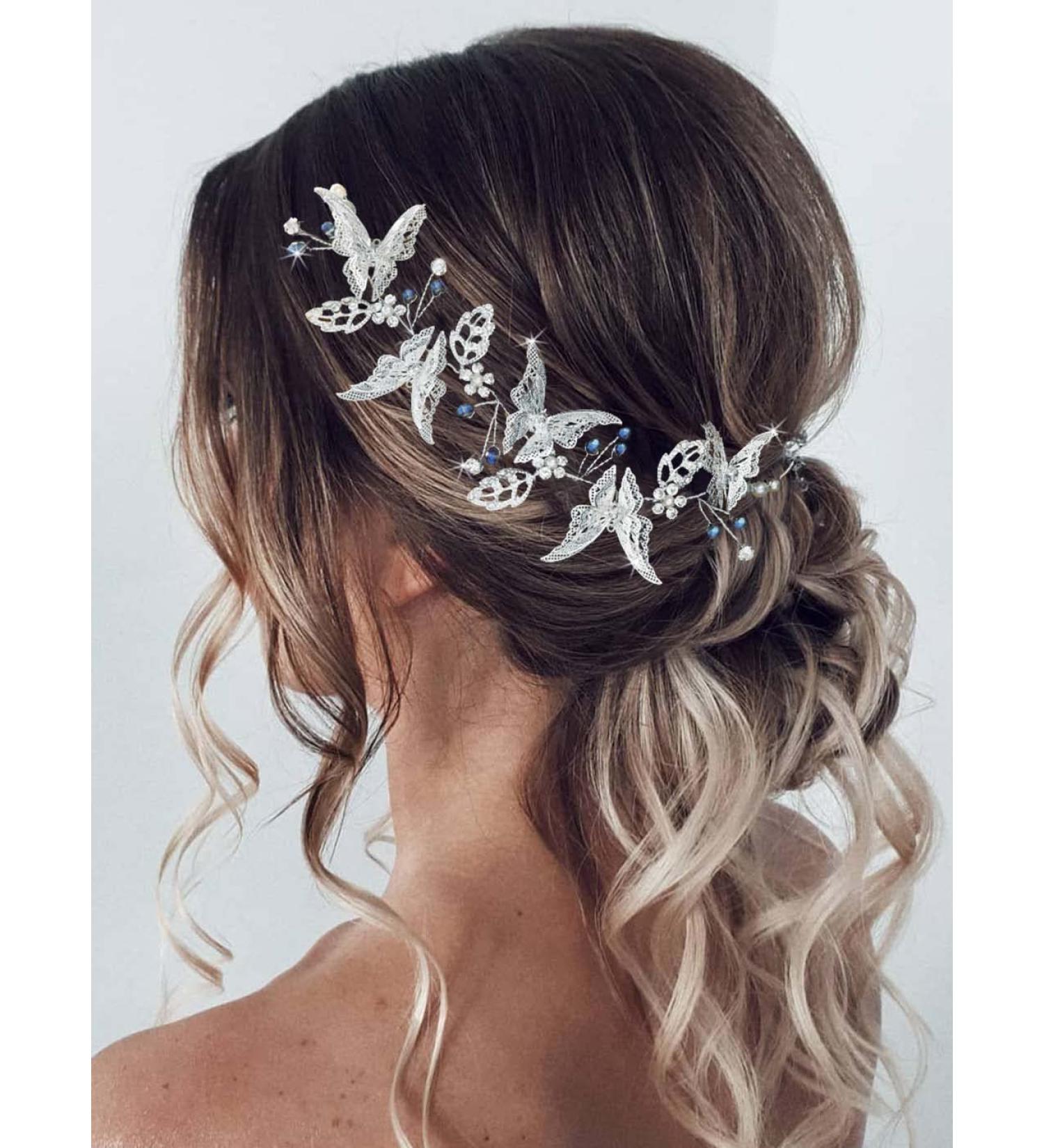 Catery Butterfly Bride Wedding Headband Silver Hair Vine Blue Bead Headpiece Rhinestone Bridal Hair Piece Wedding Hair Accessories For Women and Girls - Buy Online on GoSupps.com