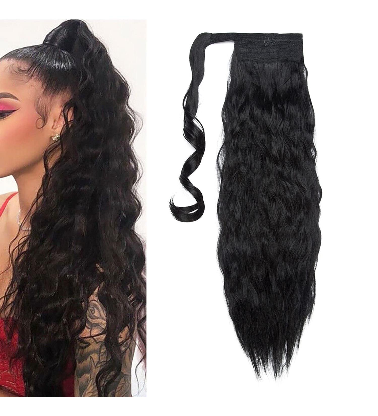 20 Inch Dark Black Corn Wave Ponytail Clip in Hair Extension for Women - Real Long Wavy Wrap Around Hairpiece - Buy Online on GoSupps.com
