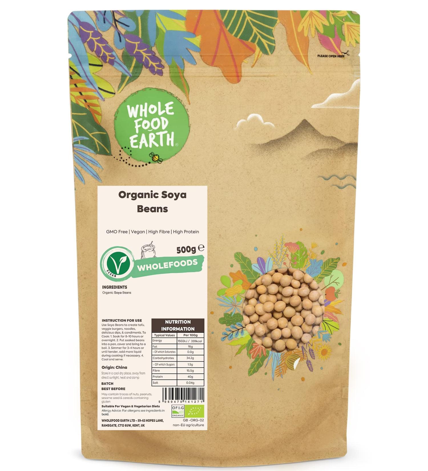 Wholefood Earth Organic Soya Beans 500g - GMO Free, Vegan, High Fibre & Protein - Certified Organic - Buy Online on GoSupps.com
