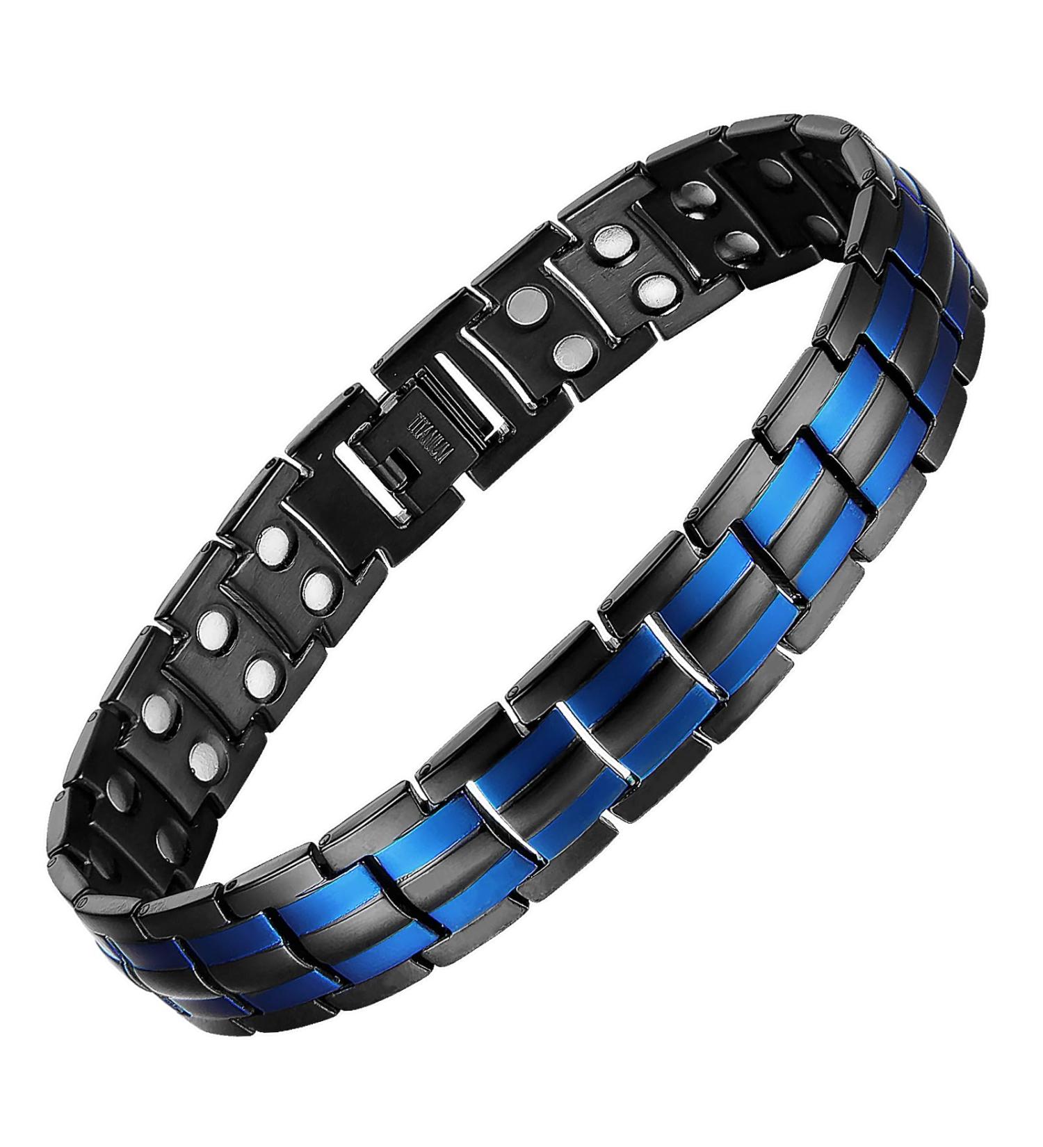 MagEnergy Titanium Steel Magnetic Bracelet for Men | Double Row Ultra Strength Magnets | Adjustable Links Removal Tool | Jewelry Gift Box | Two Blue Line Design - Buy Online on GoSupps.com
