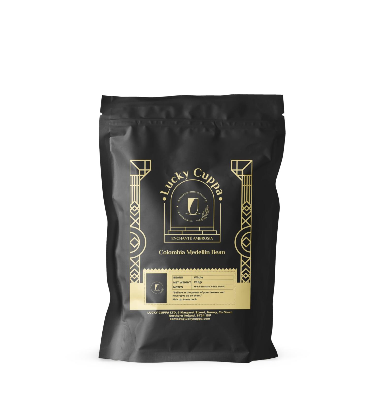 Lucky Cuppa Colombia Medellin Bean - Colombian Coffee Beans - Quality Supremo Coffee Beans - Light Roast Whole Coffee Beans - Ideal Coffee Lover Gifts - 250g Bag - Buy Online on GoSupps.com