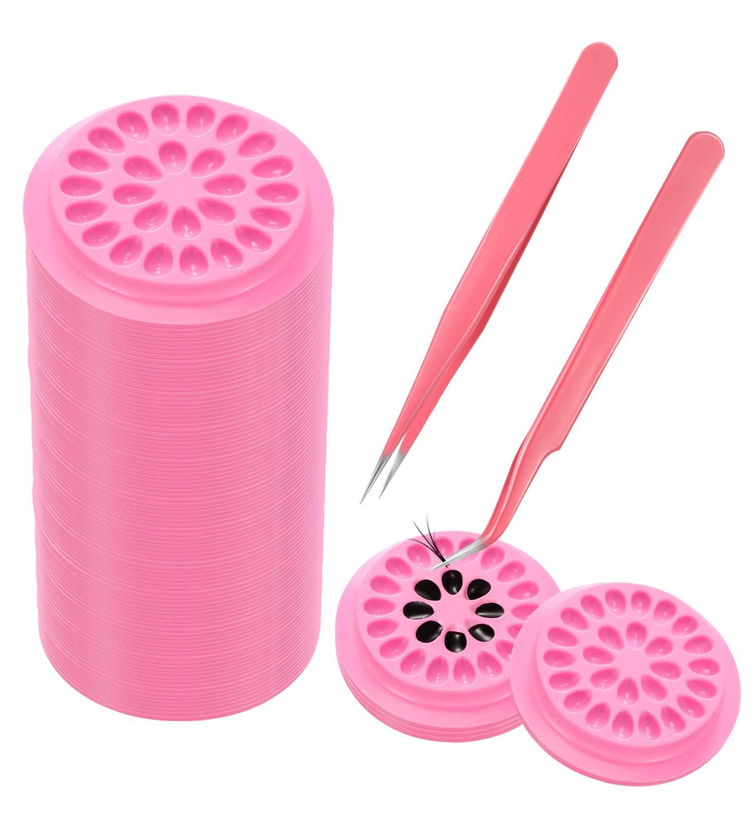 Pink Flower False Eyelashes Glue Holders with Tweezers - 200 Pieces for Lash Extension Application - Buy Online on GoSupps.com