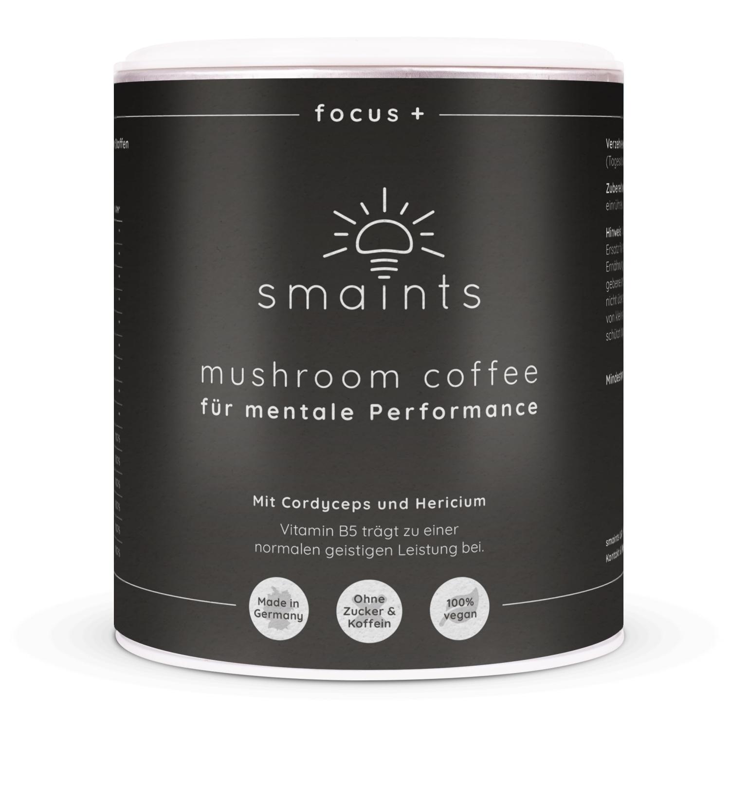 smaints smaints Mushroom Coffee - Caffeine-free mushroom coffee with Lion's Mane (Hericium) and Cordyceps - Vital adaptogenic mushrooms - Swiss Water Process - Caffeine-free and sugar-free - Instant coffee - Buy Online on GoSupps.com