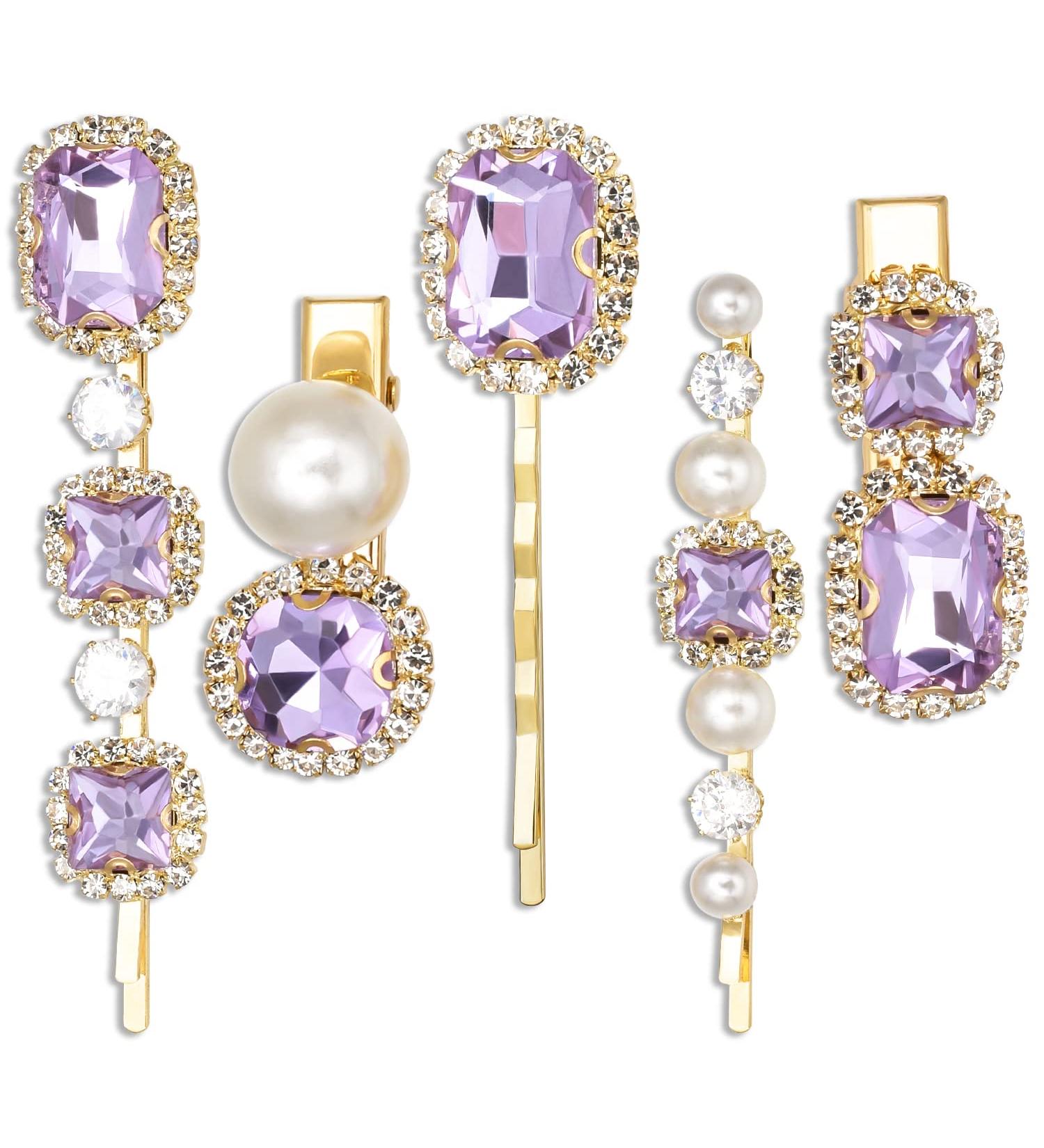 Vintage Rhinestone Decorative Hair Clips - Handmade Purple Crystal Pearl Barrettes | Elegant Gold Metal Hair Accessories for Women and Girls - Buy Online on GoSupps.com