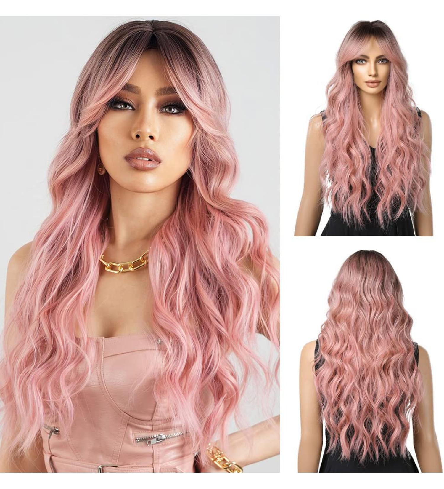 Esmee Long Wavy Pale Pink Wig with Bangs - Curly Synthetic Hair for Women, Heat Resistant Fiber - Perfect for Daily Wear, Parties, and Cosplay - Buy Online on GoSupps.com