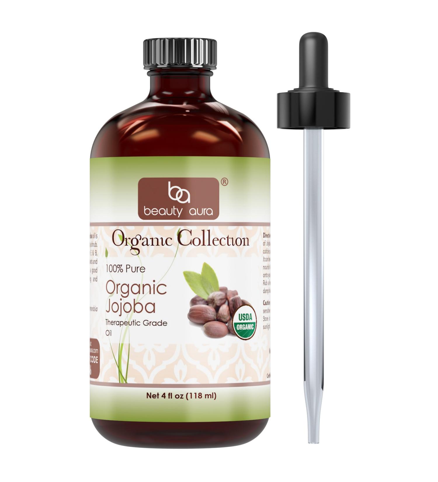 Beauty Aura Organic Jojoba Oil - 4 fl oz (118 ml) - USDA Certified Organic - for Healthy Hair Skin & Nails. - Buy Online on GoSupps.com