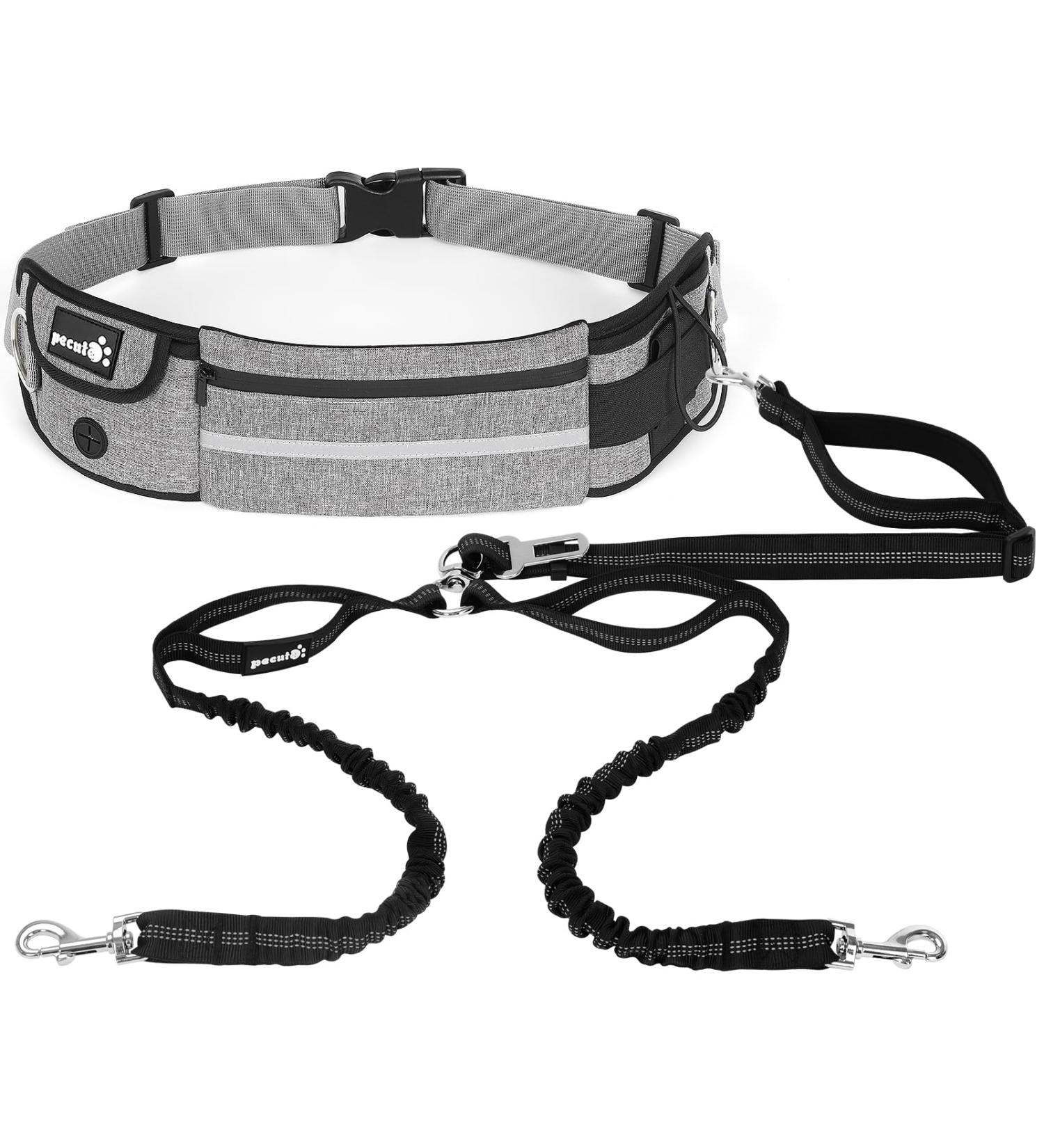 Pecute Two Jogging Lines for Medium & Large Dogs | Elastic Running Leash with Belt Bag | Up to 100kg | Durable Dog Leash in Gray - Buy Online on GoSupps.com