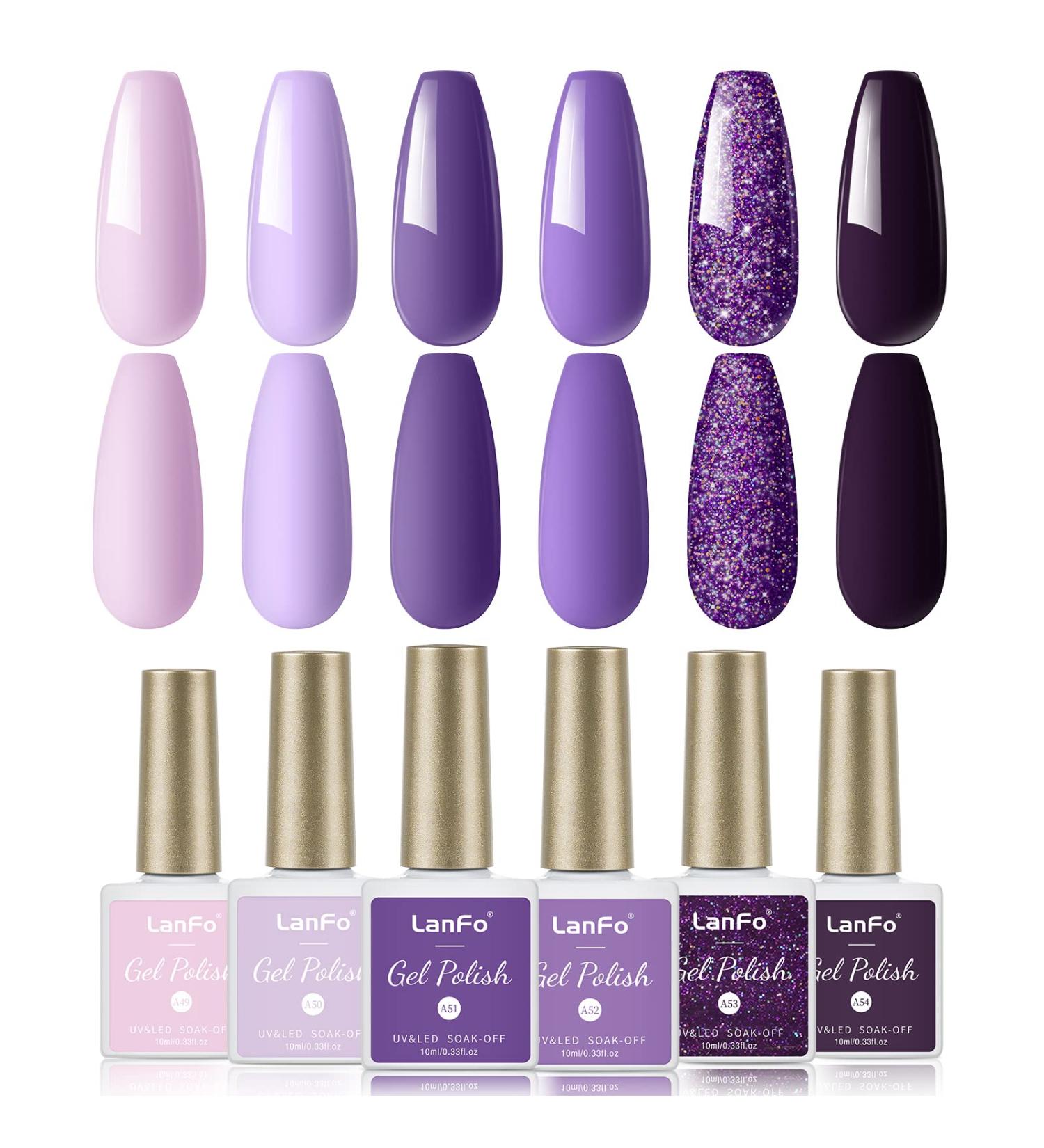LanFo 6-Piece Purple Glitter Gel Nail Polish Set - UV/LED Soak Off Formula for DIY Manicure at Home - Buy Online on GoSupps.com