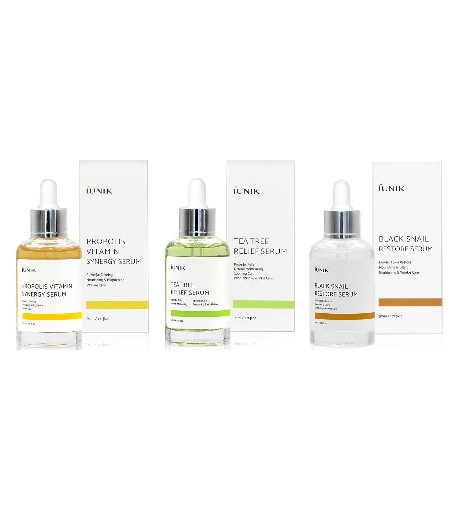 iUNIK Facial Serum Trio: Tea Tree Relief, Propolis Vitamin Synergy, Black Snail Restore - 1.71 Fl Oz Each - Buy Online on GoSupps.com