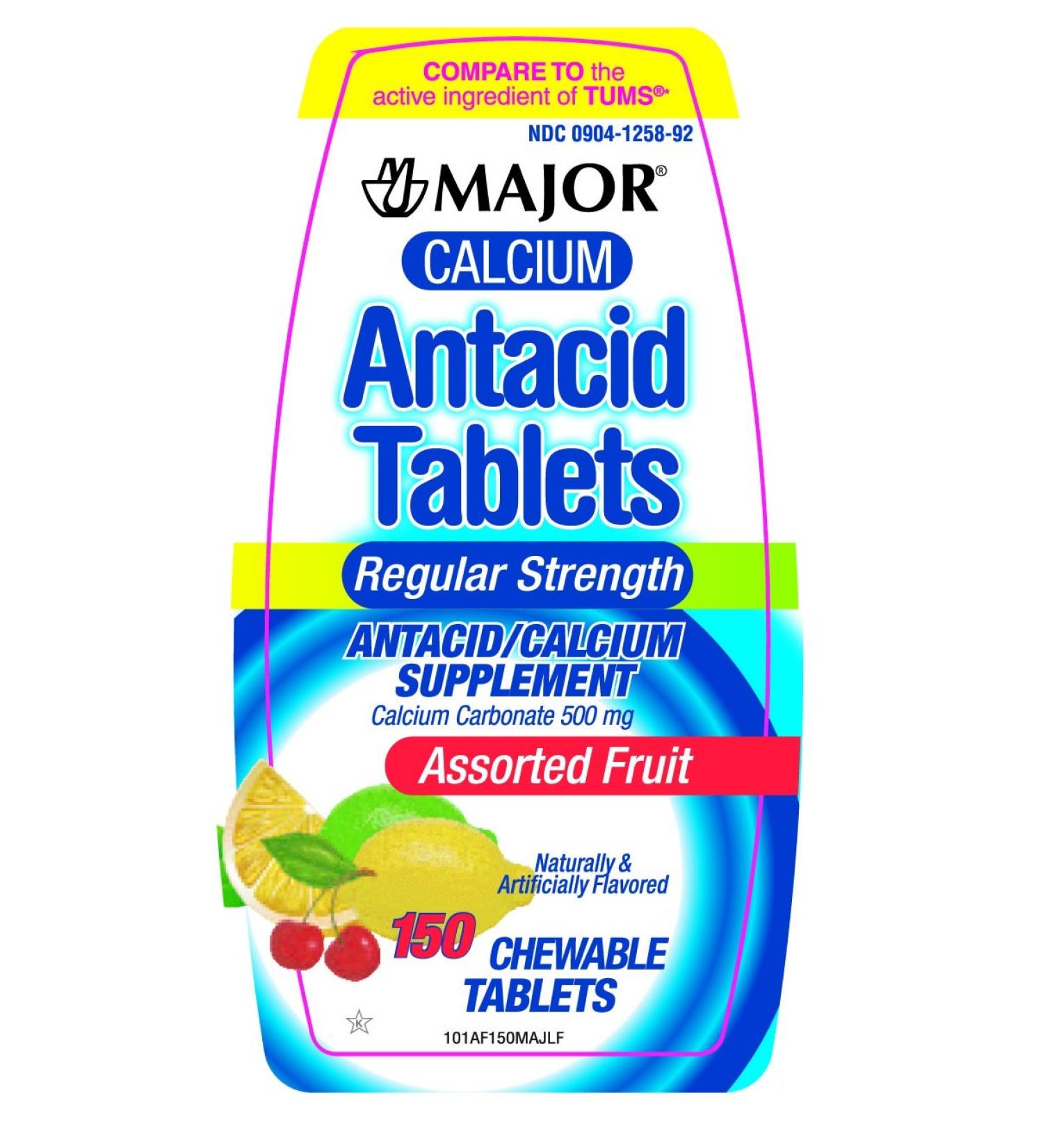 Major Calcium Antacid Chewable Assorted Fruit Flavor Tablets Regular Strength 150 Per Bottle (Pack of 5)