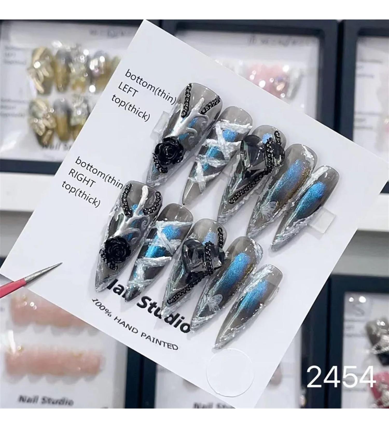 Nail Tips False Nails Tips Art Press on Nails Hand Made Fake Nails Painting Alloy Chain Decor Luxury Magic Mirror Power Design Punk Press On Nails(2454 S) - Buy Online on GoSupps.com