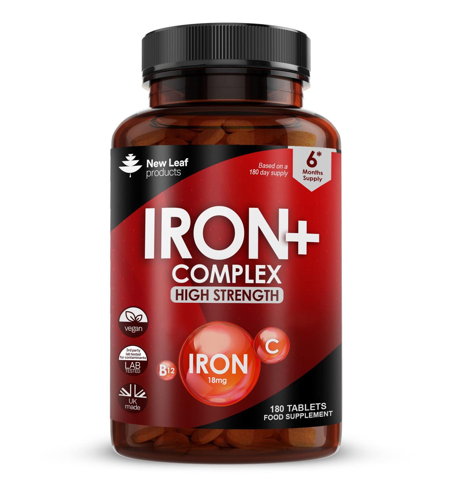 Iron Tablets 18mg High Absorbency with Vitamins A C B2 B12 and Folate - Vegan & Non-GMO - 180 Tablets - UK-Made - Buy Online on GoSupps.com