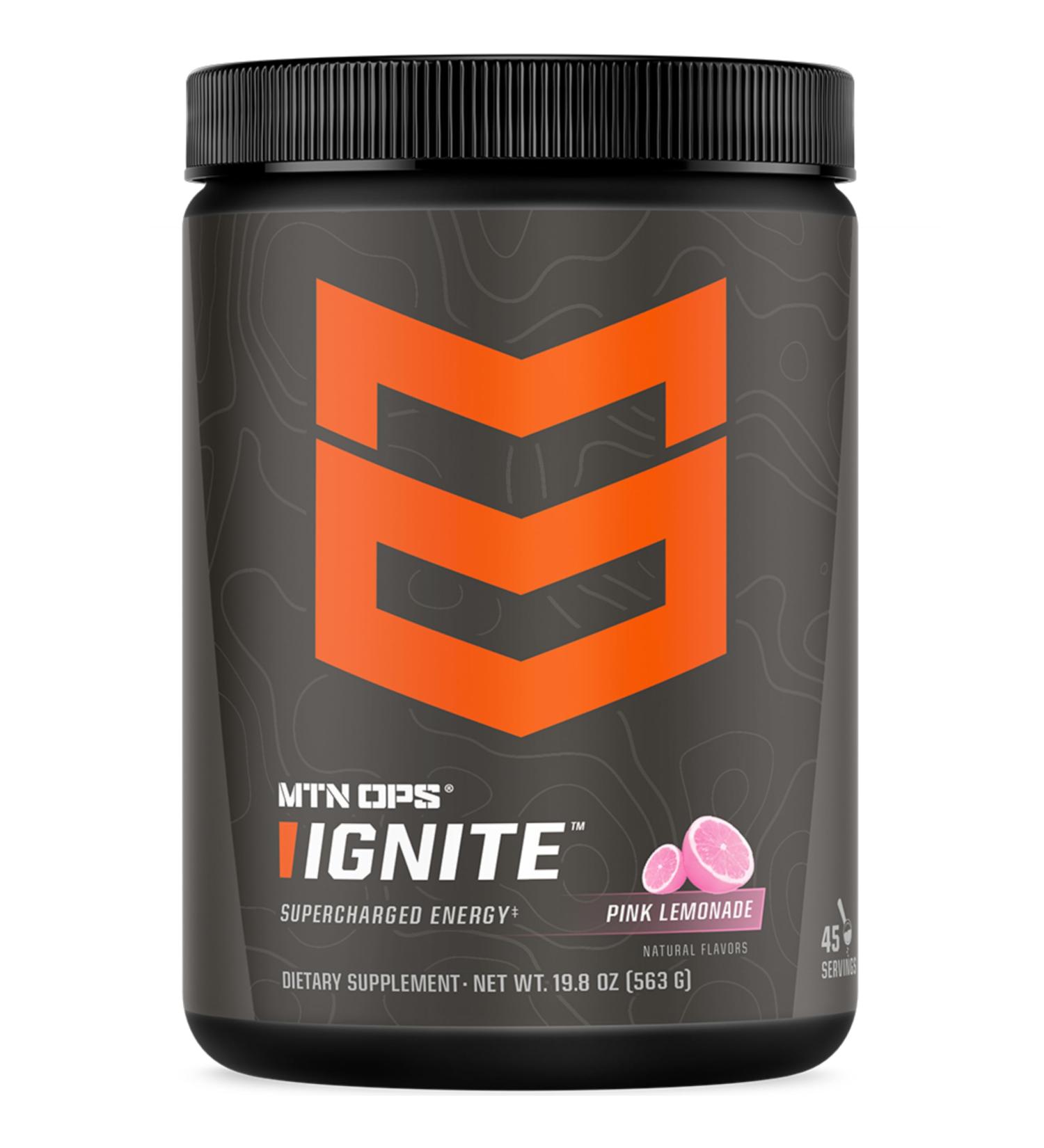 MTN OPS Ignite Energy Drink Powder Gluten Free Nootropic Supplement Drink Mix L Arginine L Citrulline Caffeine & Nootropic Sugar Free Drink Mix 45 Servings Pink Lemonade Pink Lemonade Tub - 45 servings - Buy Online on GoSupps.com