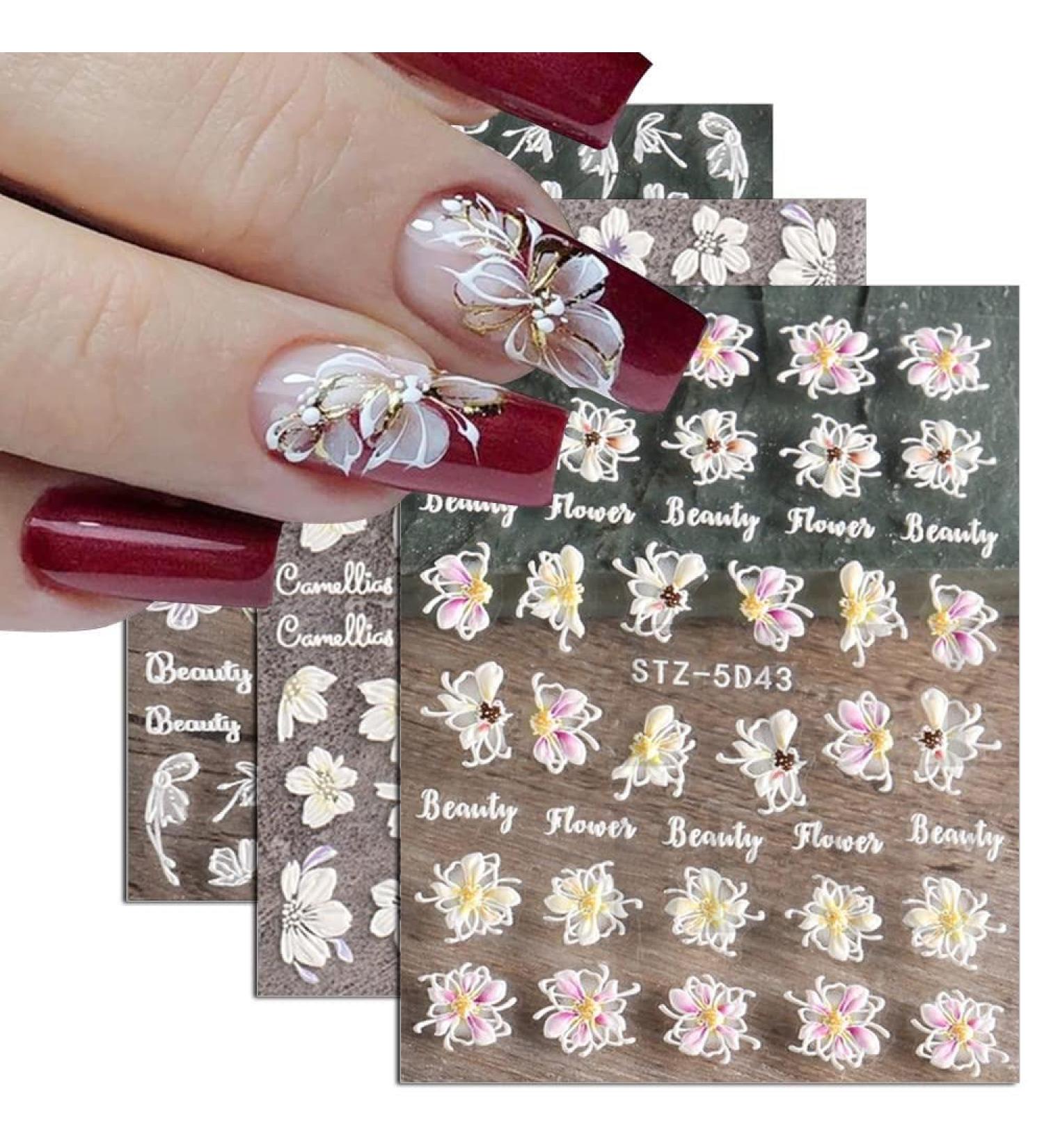 Flower Nail Art Stickers Acrylic 5D Hollow Exquisite Pattern Nail Decals Nails Art Supplies Gradient Pink White Floral Lace Manicure Nail Art Decoration Self-Adhesive Nails for Women Girls(4 Sheets) A2 Flower - Buy Online on GoSupps.com