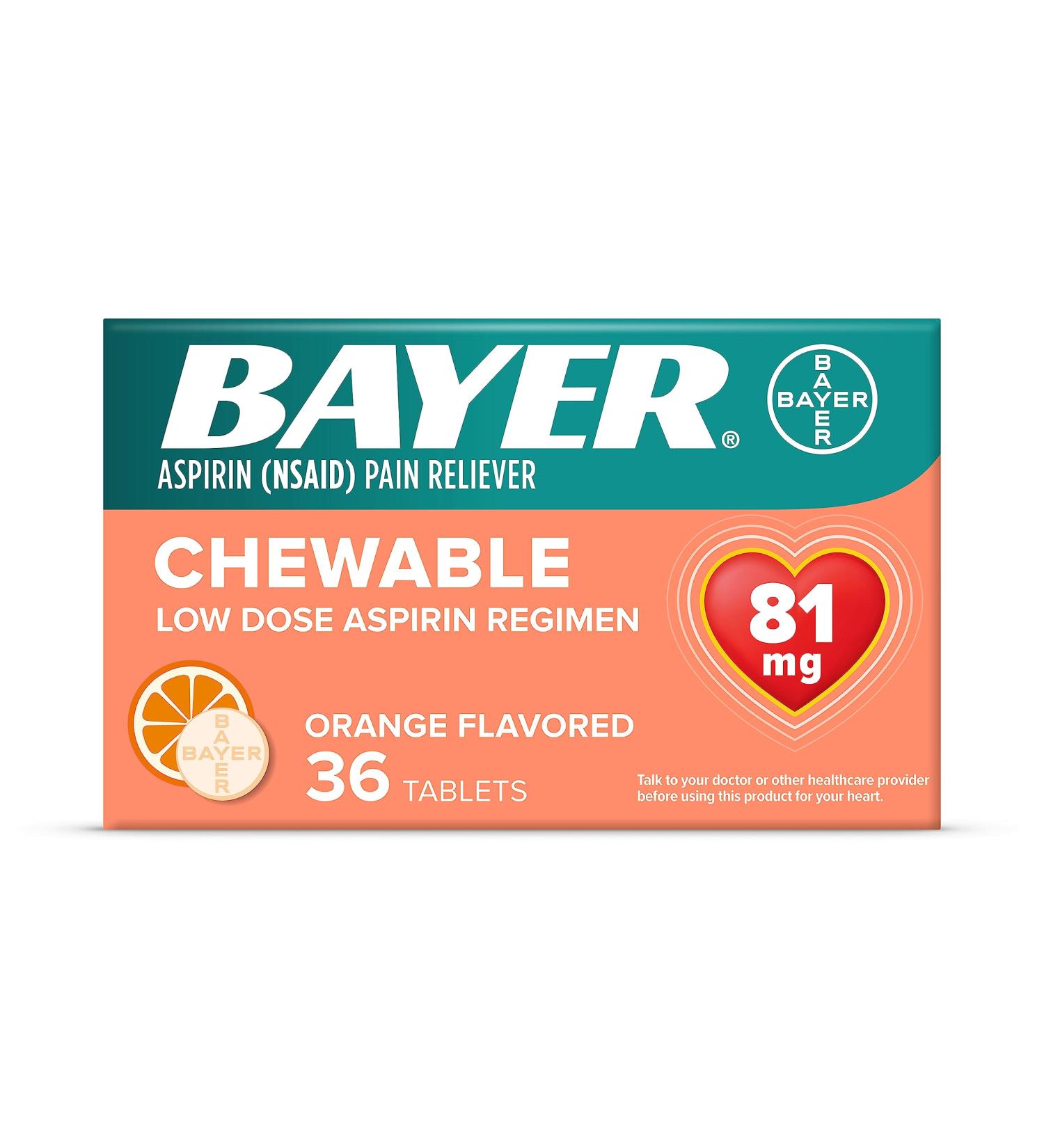 Bayer 81mg Chewable Aspirin Tablets for Pain Relief - Orange Flavor (36 Count) - Buy Online on GoSupps.com