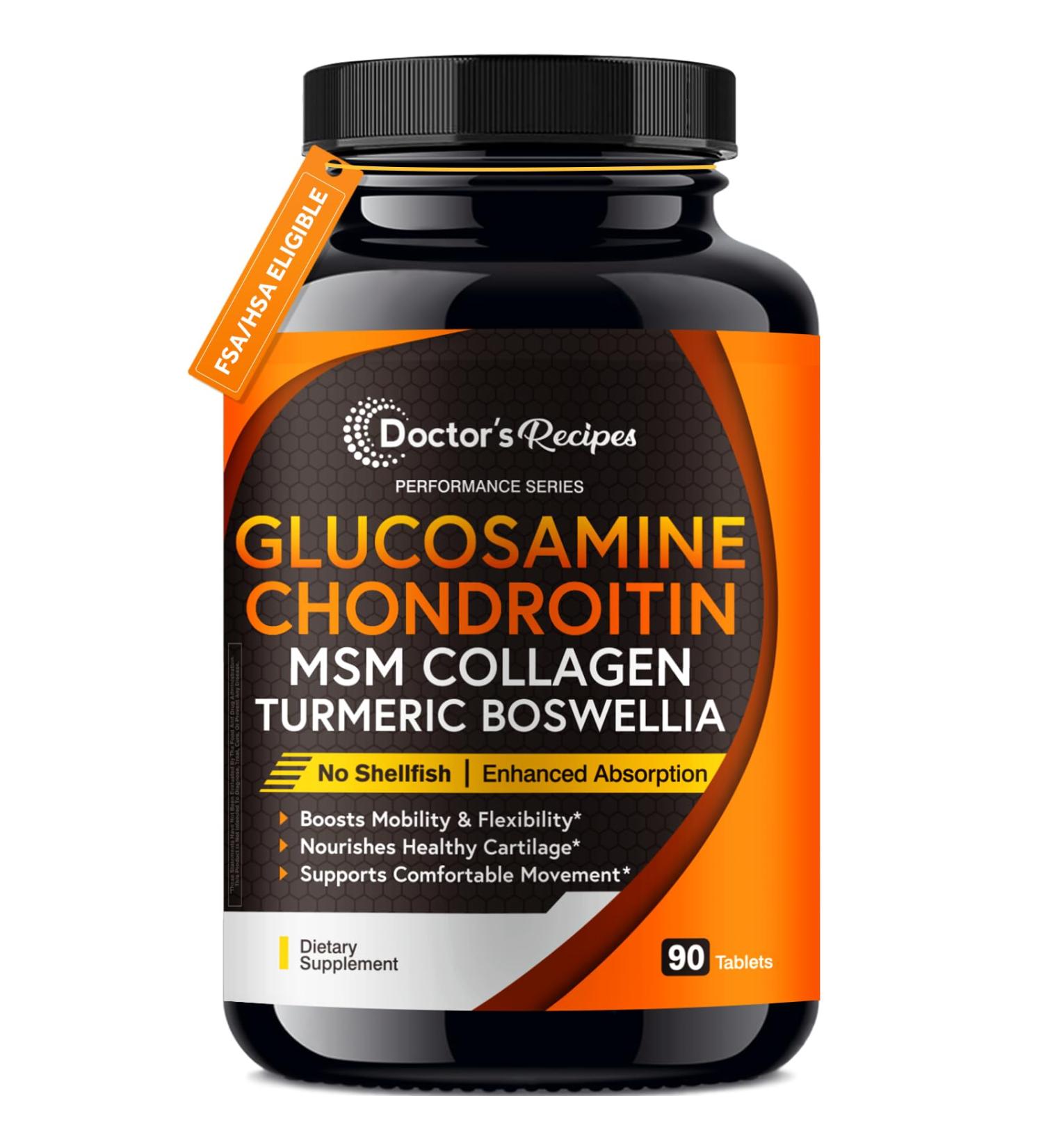 Doctor's Recipes Glucosamine Chondroitin MSM Turmeric Quercetin, with Black Pepper for High Absorption, No Shellfish, 90 Tablets - Buy Online on GoSupps.com