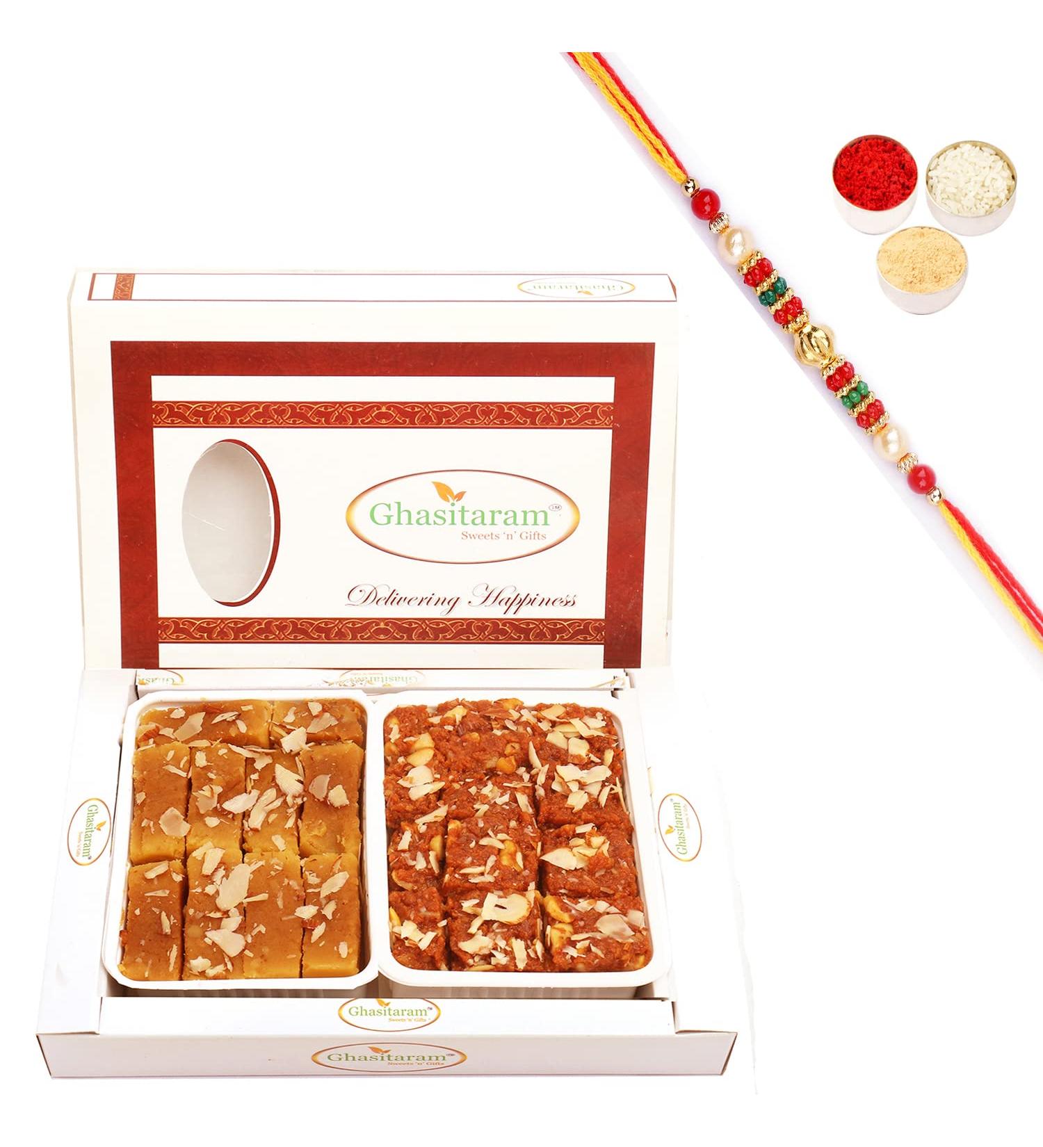 Ghasitaram Gifts Rakhi Gifts for Brothers Rakhi Sweets - Mysore Pak and Dodha Barfi Hamper with Pearl Beads Rakhi Mysore Pak and Dodha Barfi Hamper with Rakhi - Buy Online on GoSupps.com