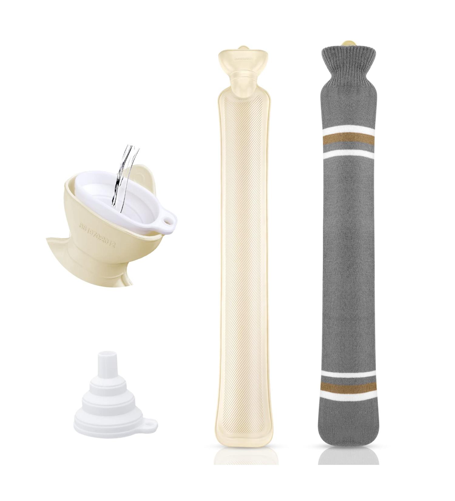 Long Hot Water Bottle with Cover - 73cm Rubber Heat Bottle for Neck & Belly Relief - 2L Natural Rubber - Gray Striped Design - Buy Online on GoSupps.com