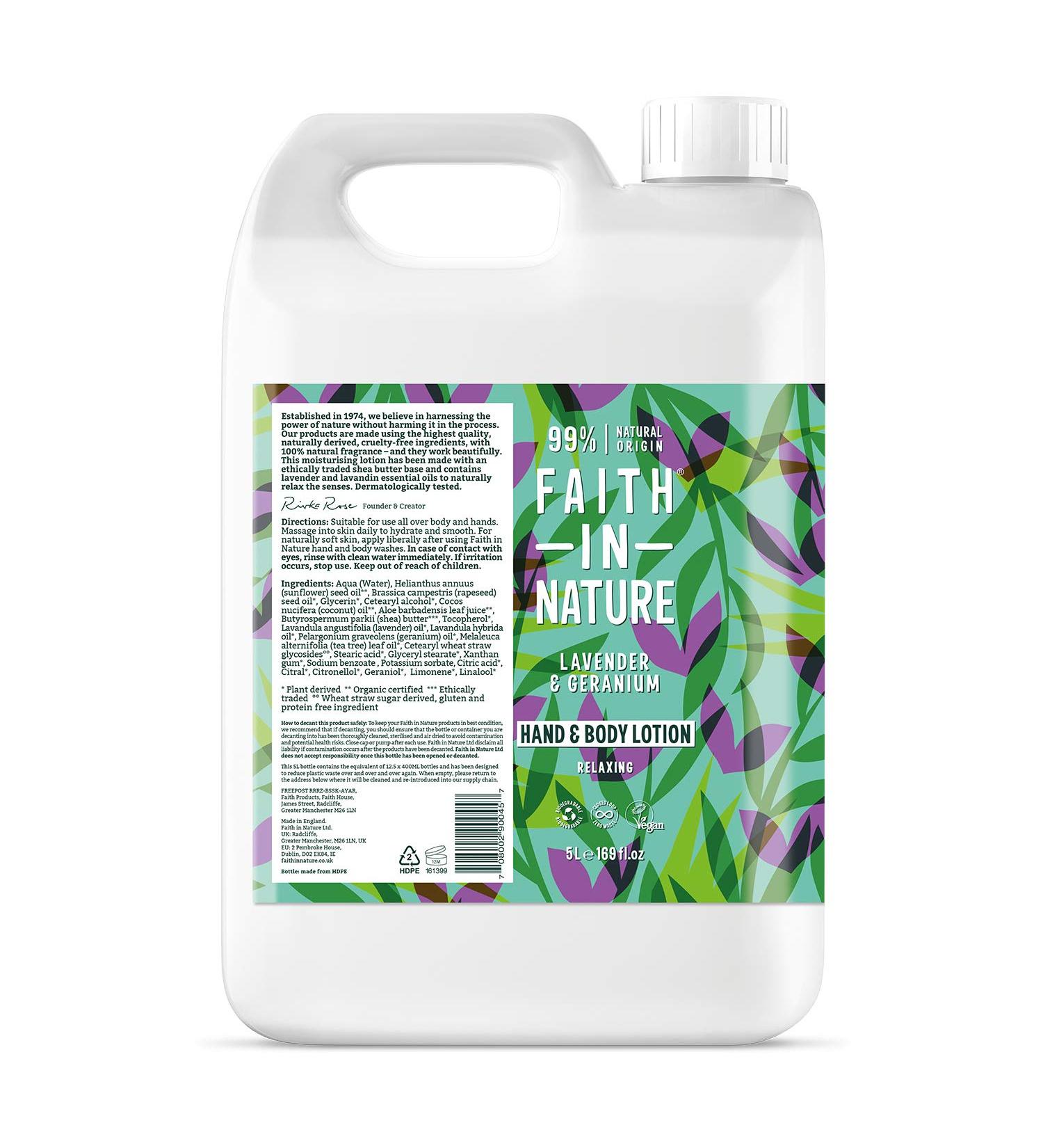 Faith In Nature Natural Lavender Geranium Hand & Body Lotion Relaxing Vegan & Cruelty Free SLS & Paraben Free 5L Refill - Buy Online on GoSupps.com