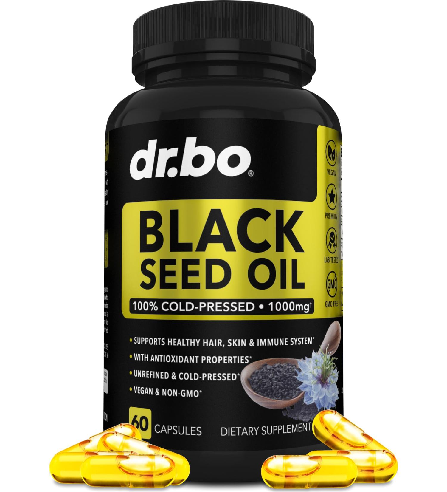 Black Seed Oil Capsules - Vegan Cold Pressed Nigella Sativa for Skin & Hair Health | Halal 500mg - 60 Softgels - Buy Online on GoSupps.com
