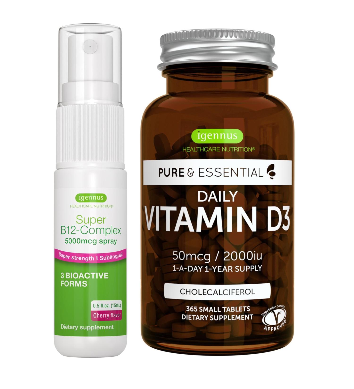 Daily Vitamin D3 + Super B12-Complex 5000mcg Vegetarian Bundle 365 2000iu Vitamin D3 Tablets + High Strength B12 Cherry Flavor Sublingual Spray by Igennus - Buy Online on GoSupps.com