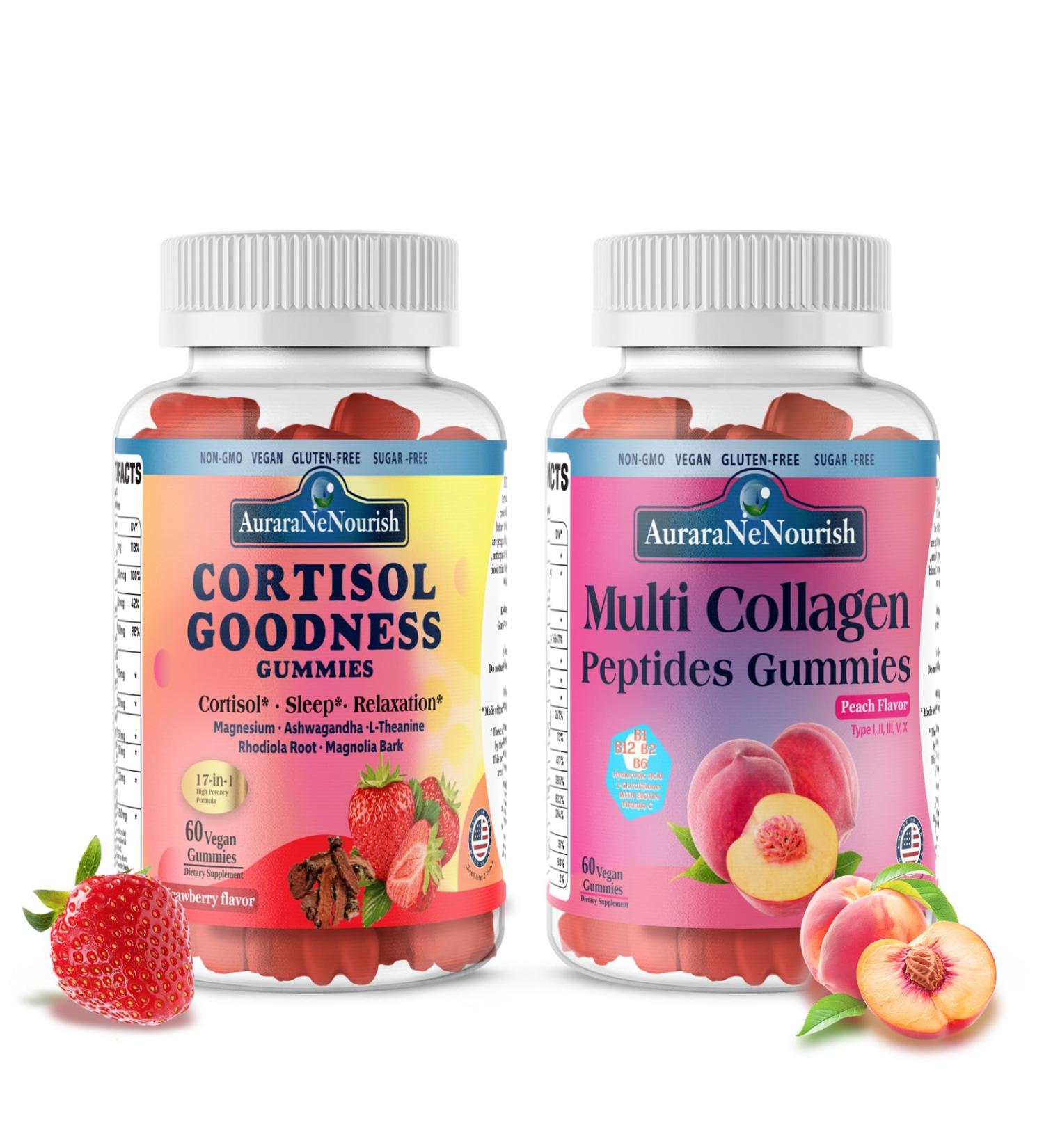 AuraraNeNourish 2 Pack Multi Collagen Peptides Gummies + Cortisol Detox Gummies for Women Men Vegan Non GMO Sugar Free - Buy Online on GoSupps.com