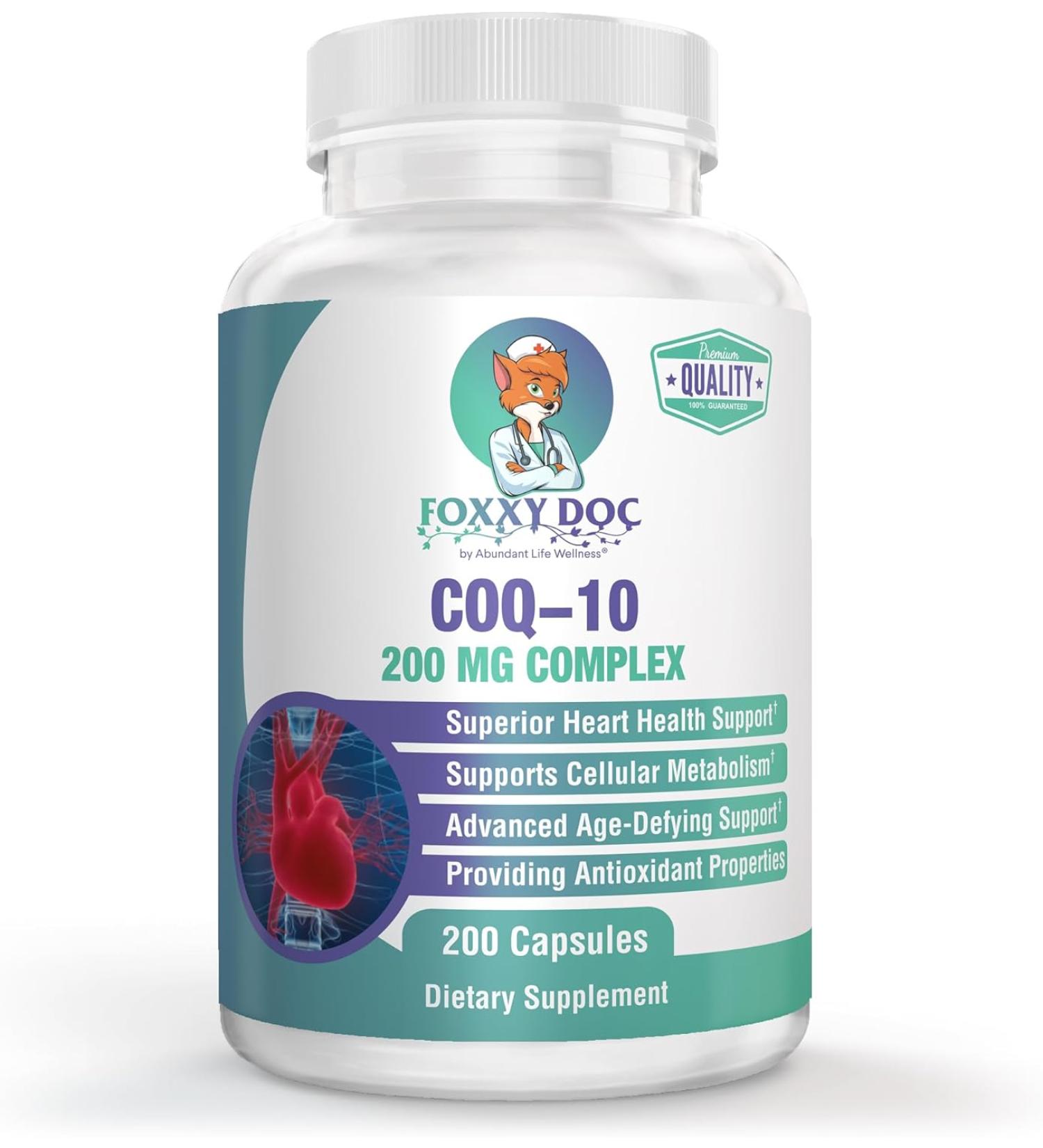 Foxxy Doc CoQ10 200mg - 200 Caps - Non-GMO Supplement for Brain, Heart, Muscle & Cells - Best Price - 6.5 Month Supply - Buy Online on GoSupps.com