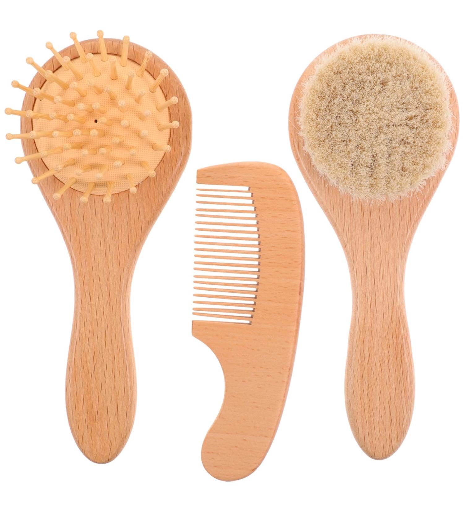 Beavorty Baby Hair Brush and Comb Set with Soft Goat Bristles - 3pcs Body Scrub & Wooden Scrubber for Newborns and Toddlers | Ideal Baby Registry Gift - Buy Online on GoSupps.com
