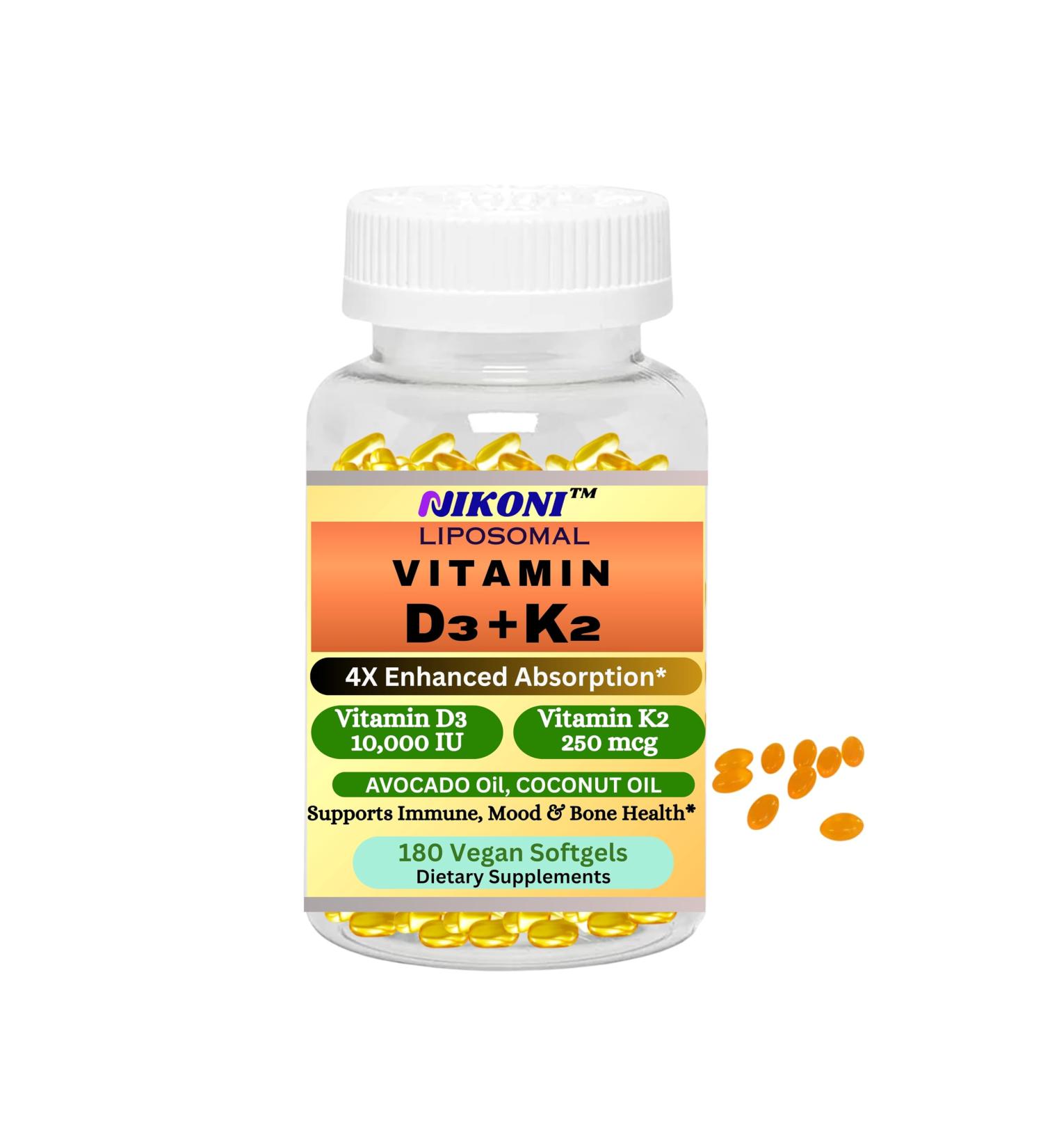 Nikoni Liposomal Vitamin D3 10000 IU, Vitamin K2 (MK-7) 250 mcg, Infused with Coconut & Avacado Oil, Easy to Swallow, Supports Calcium Absorption, Bone Health, 180 Vegan Softgels - Buy Online on GoSupps.com