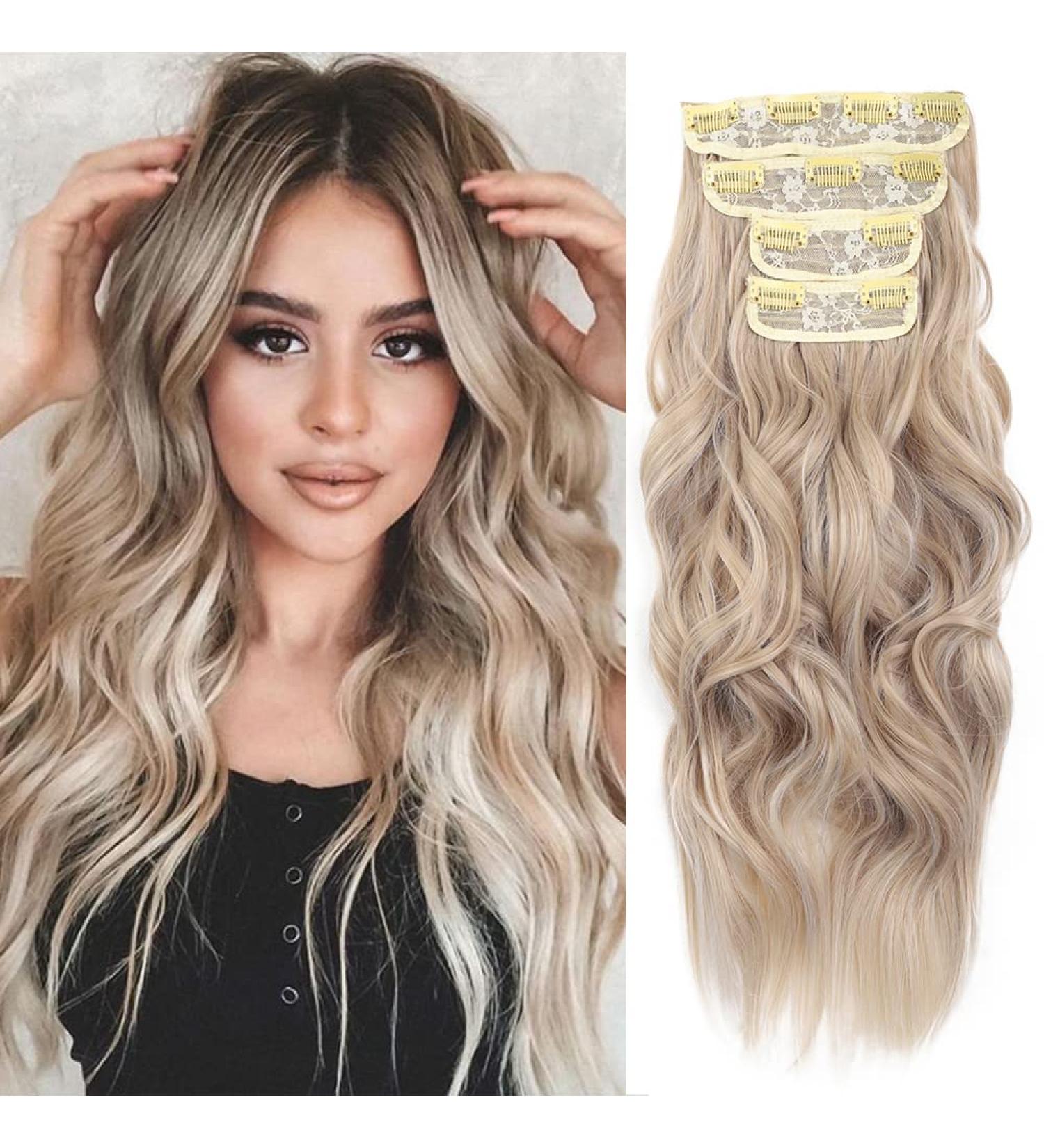 4PCS 20 Ash Blonde Mix Bleach Blonde Wavy Clip in Hair Extensions - Synthetic Thick Hair Piece for Women - Buy Online on GoSupps.com