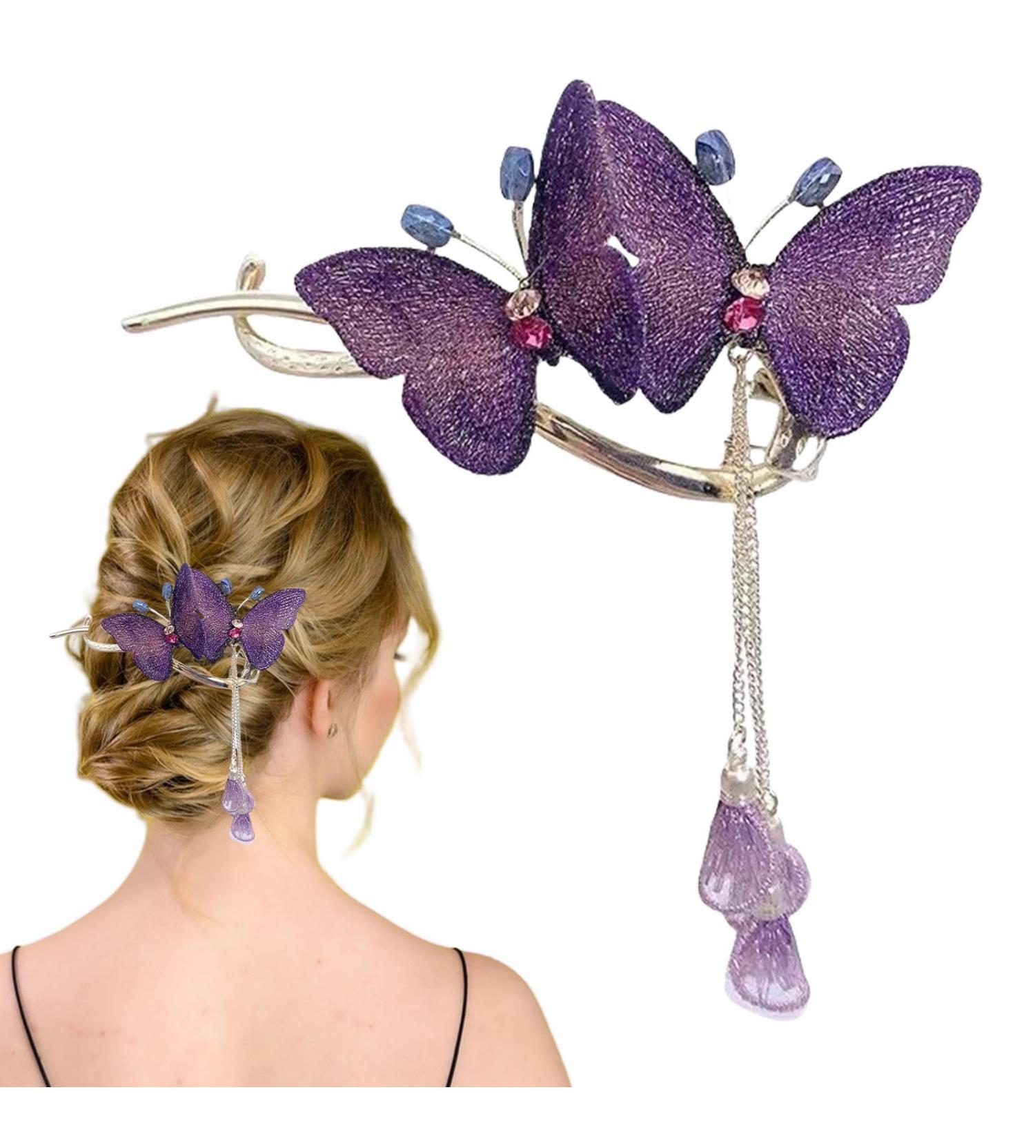 Lesunbak Butterflies Tassel Grab Clip - Elegant Hairpin & Clip For Women Rhinestone Tassel Hair Chain Chic Hair Accessories Nonslip Grip Embellished With Rhinestones For Daily Use Purple - Buy Online on GoSupps.com