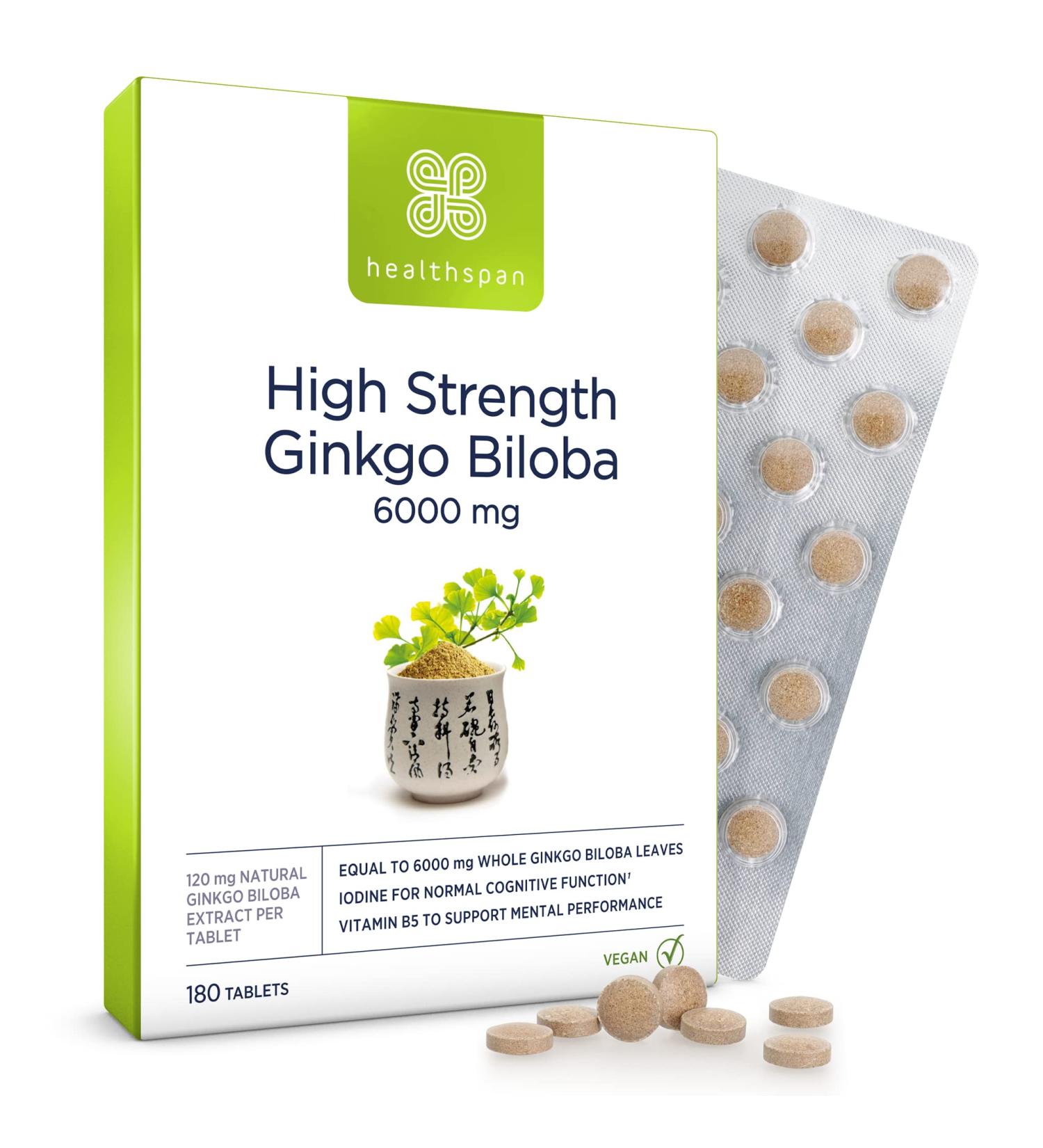 Healthspan Ginkgo Biloba 6000mg | High Strength 180 Tablets | Rich in Iodine & Vitamin B5 | Vegan-Friendly Formula - Buy Online on GoSupps.com