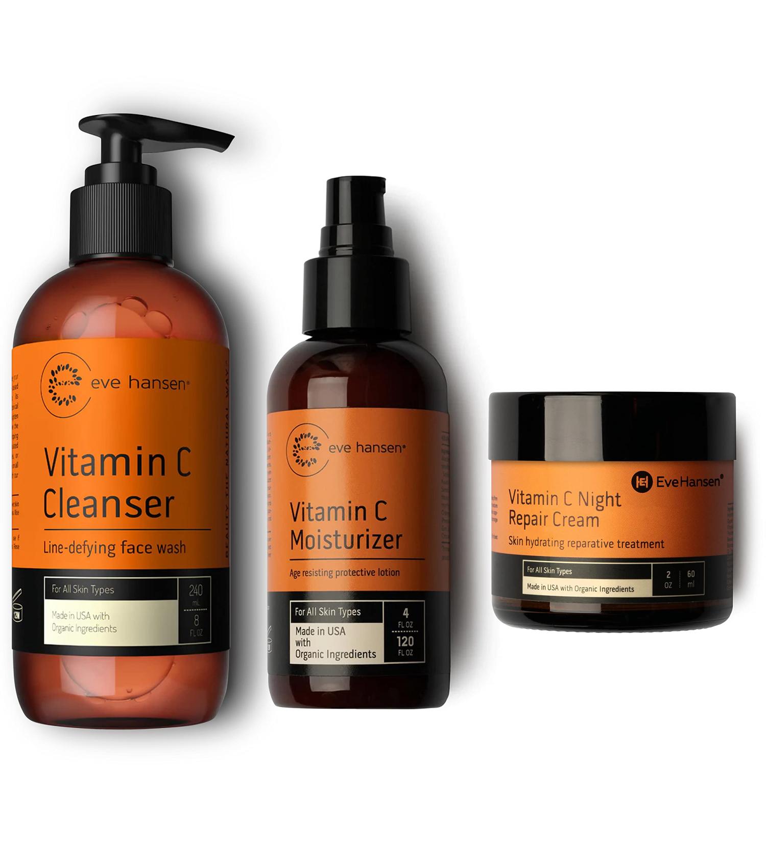 Eve Hansen Classic Vitamin C Allstars Collection | Natural Vit C Face Wash for a Deep Clean (8 oz) | Brightening Moisturizer (4 oz) | Anti Aging Night Repair Cream/Neck Cream (2 oz) for All Skin Types - Buy Online on GoSupps.com