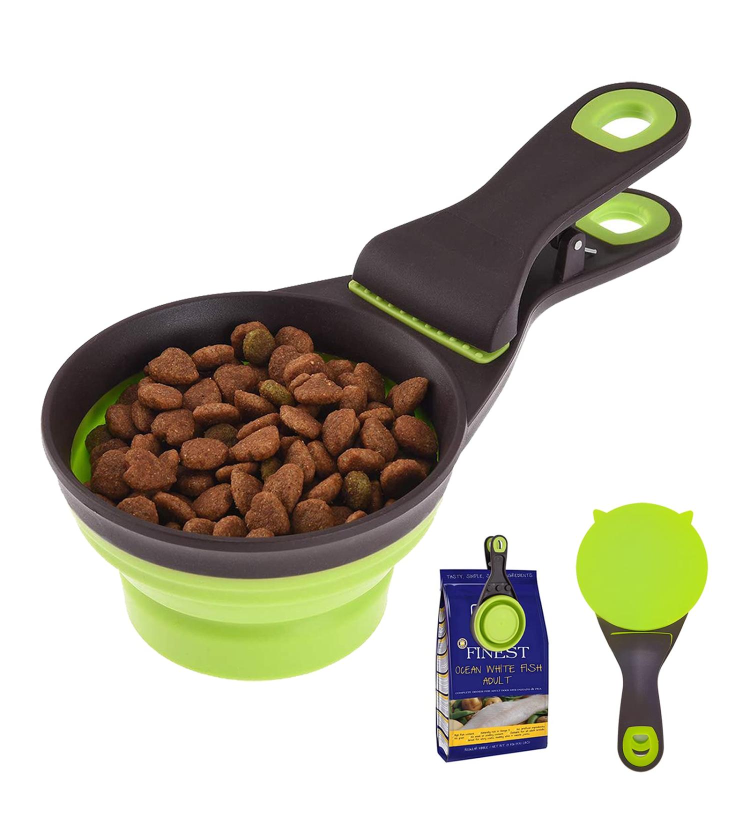 Collapsible Pet Food Scoop with Bag Clip | Measuring Cup for Cats, Dogs, and Small Pets - Green | 1 Cup Capacity - Buy Online on GoSupps.com