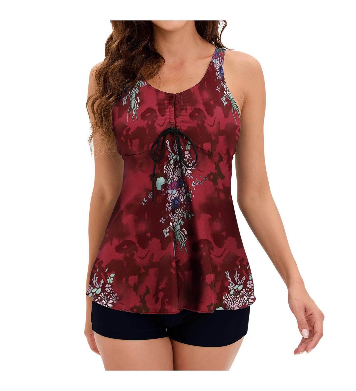 oelaio Tankini Swimsuits for Women Two Piece Bathing Suits Boyshorts Floral Print Tank Top High Waist Swimsuits Padded Push Wine - Buy Online on GoSupps.com