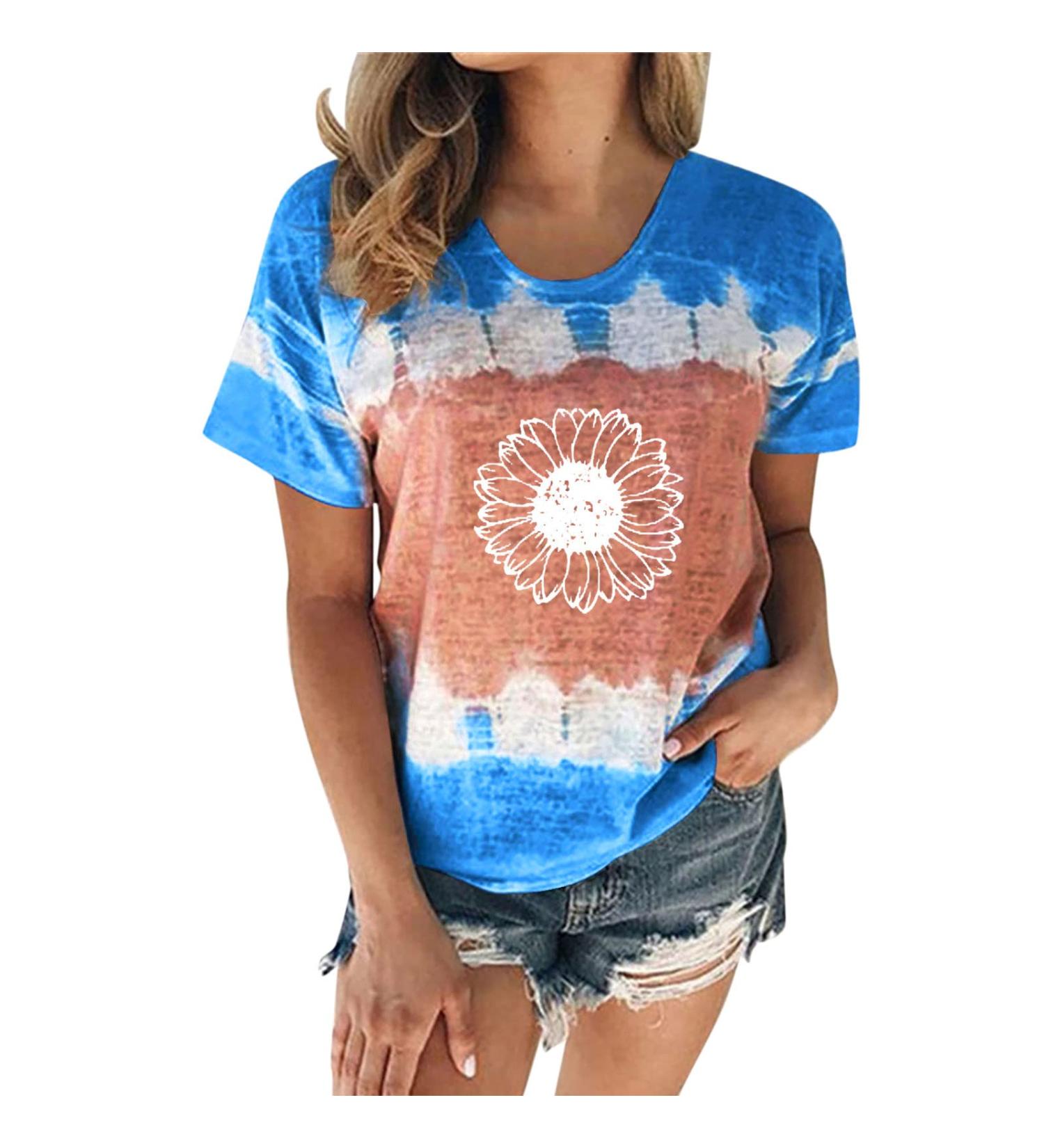 Women's T-Shirt Summer Women's Blouse Short Sleeve Floral Print T-Shirt Clothing Woman Basic Shirt Pullover Crew Neck Clothes T-Shirt Tops Casual Plain Tops Women's Blouse Blue L - Buy Online on GoSupps.com