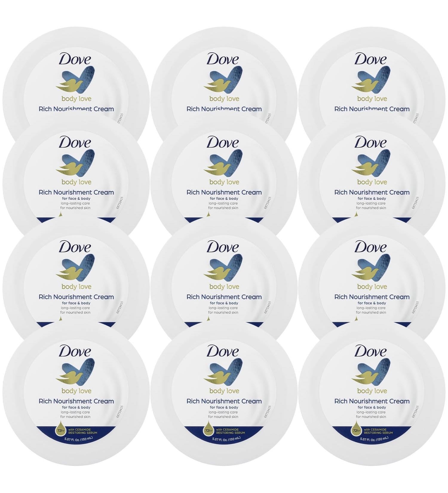 Dove Body Love Rich Nourishment Cream Face Hand & Body Lotion for Extremely Dry Skin Fast-Absorbing 72-Hour Moisturizing Cream with Ceramide Serum 5.07 Fl Oz (Pack of 12)