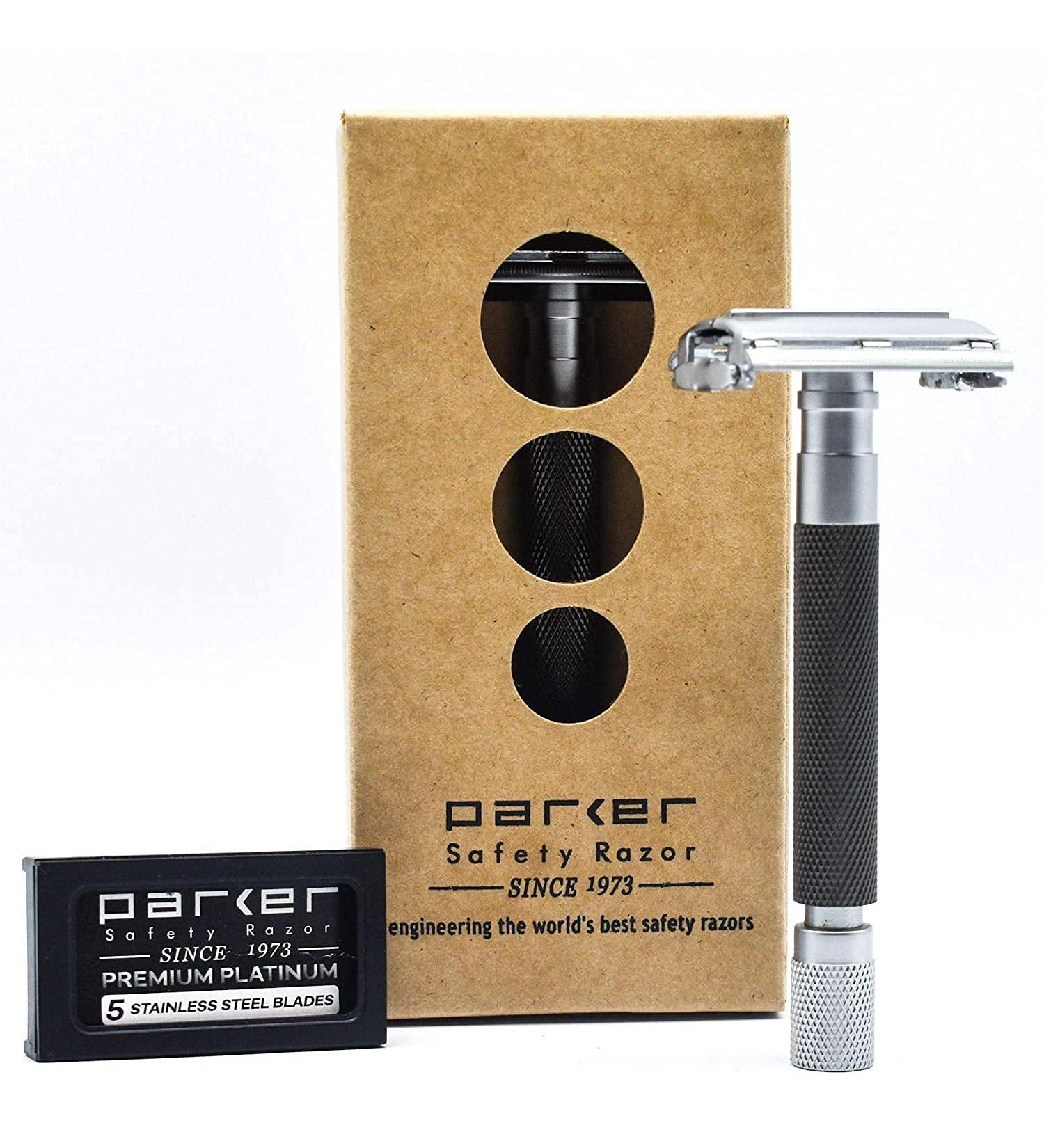 Parker 74R Graphite Gray - Long Handle Heavyweight Butterfly Open Double Edge Safety Razor for Men | Includes 5 Premium Platinum Blades - Best Quality Shaving Gift - Buy Online on GoSupps.com