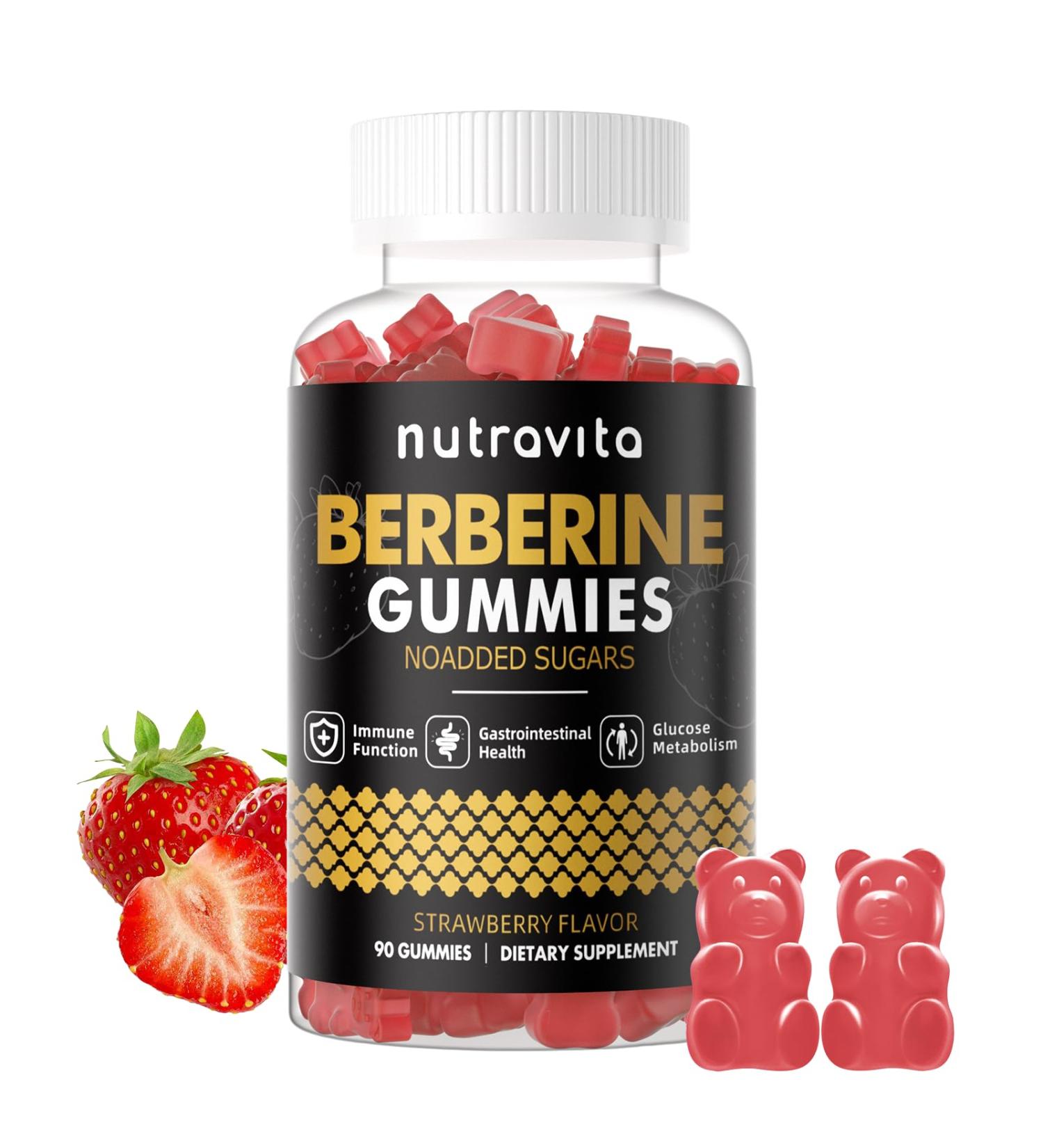 Nutravita Berberine Gummies with Ceylon Cinnamon 1500mg High Potency Berberine HCL Supplement for Immune and Metabolism Support Sugar Free Organic Berberine Gummies Strawberry Flavor-1PACK Strawberry 90 Count (Pack of 1) - Buy Online on GoSupps.com