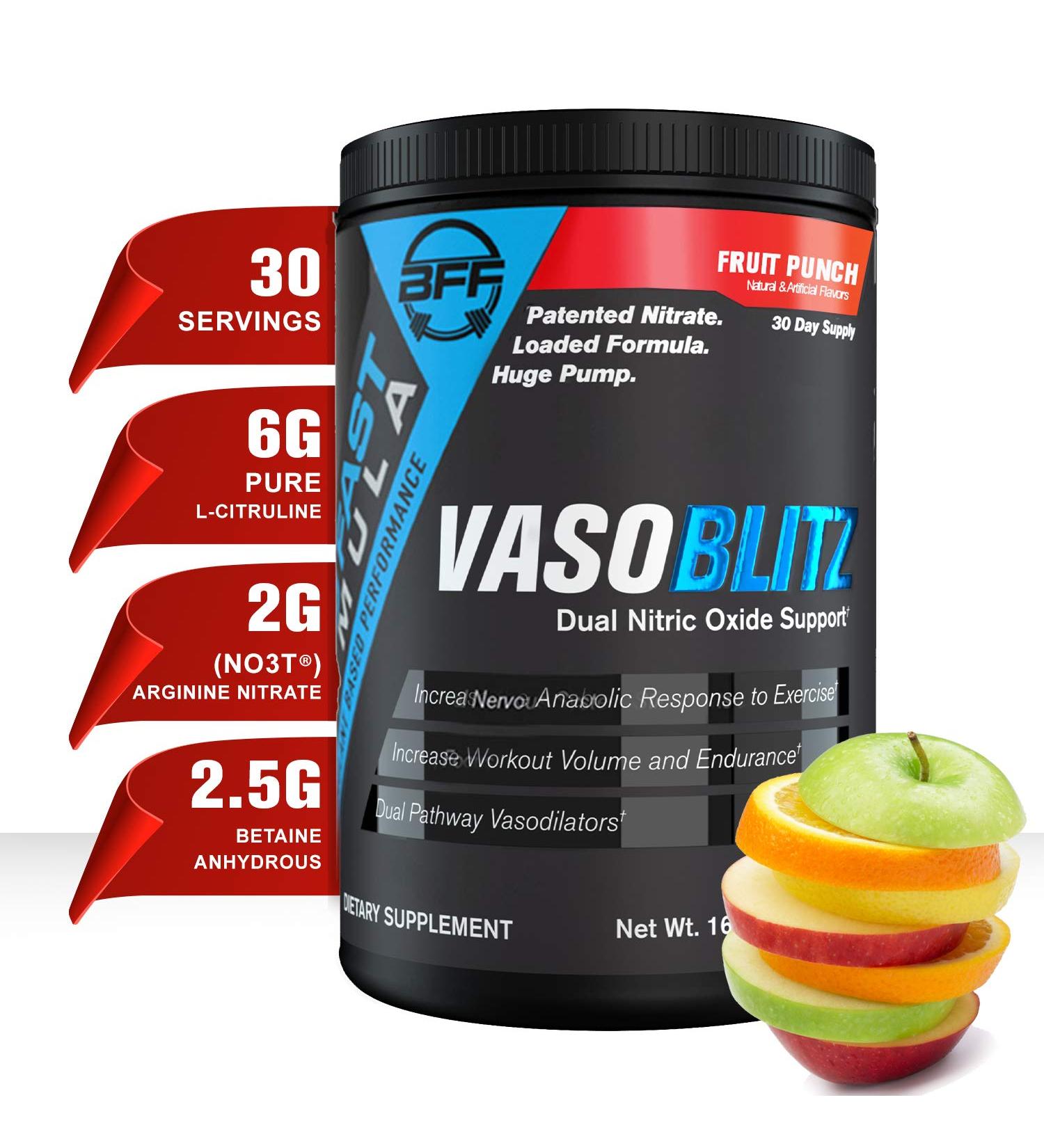 VASOBLITZ Nitric Oxide Pre-Workout by BFF Build Fast Formula | Muscle Pumps with NO3-T Arginine Nitrate & L-Citrulline | Caffeine Free | Fruit Punch 30 Servings - Buy Online on GoSupps.com
