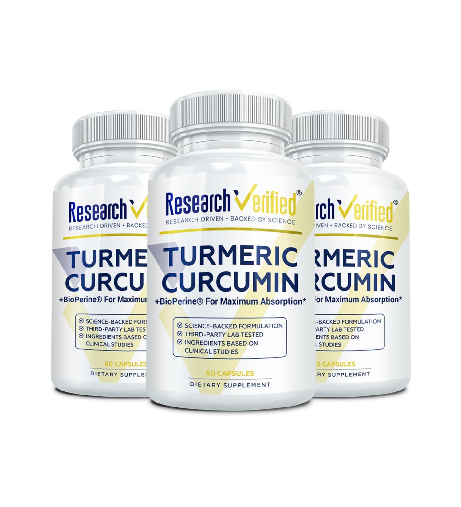 Research Verified Turmeric Curcumin Supplement with Black Pepper (BioPerine) - High Potency Curcumin - Antioxidant Joints & Daily Wellness - 60 Vegan Turmeric Capsules - Made in USA - 3 Month Supply 60 Count (Pack of 3) - Buy Online on GoSupps.com