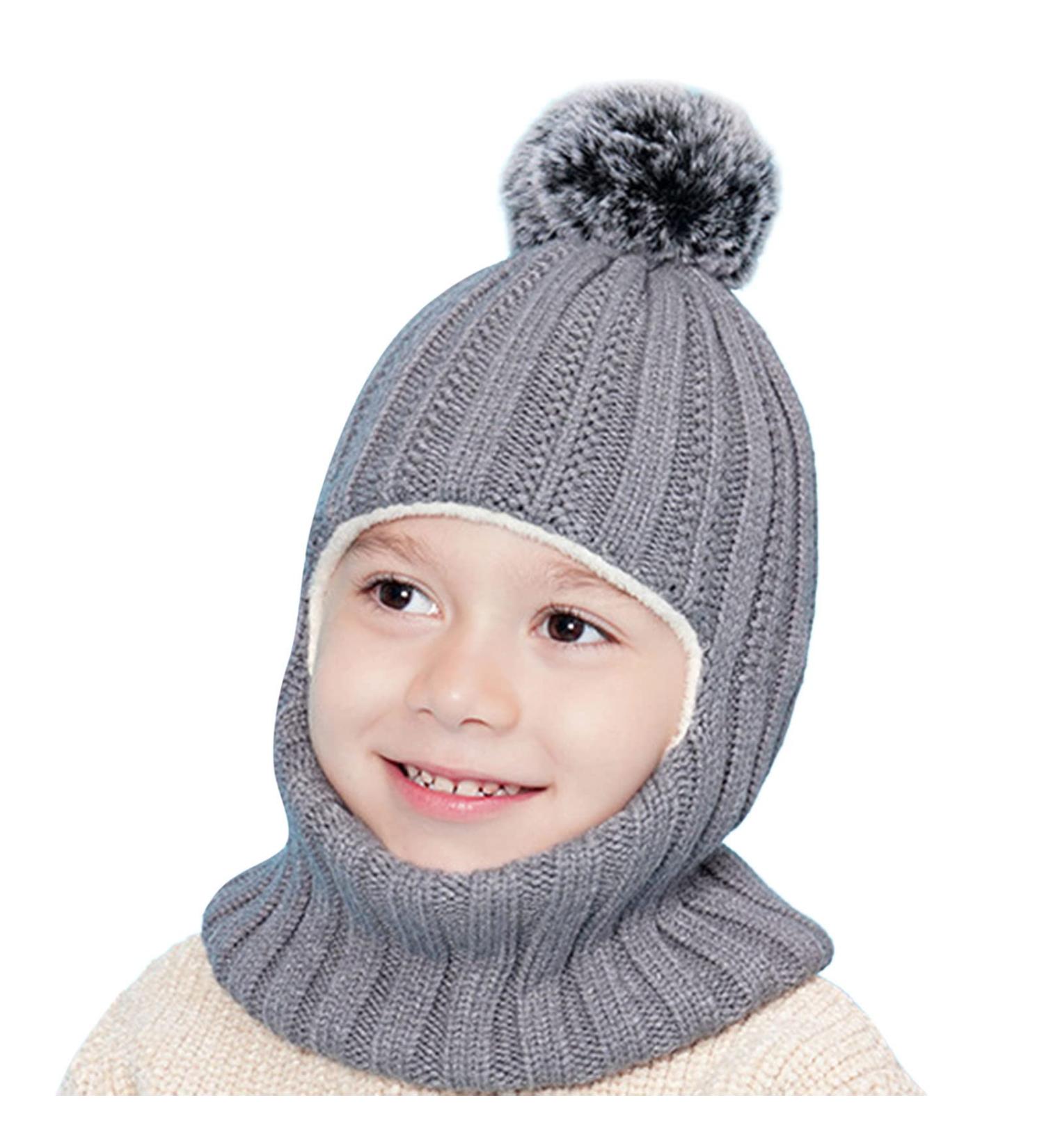 Balaclava Kids Winter Hat Scarf with Double Pom Pom Design - C-Grey, One Size - Buy Online on GoSupps.com