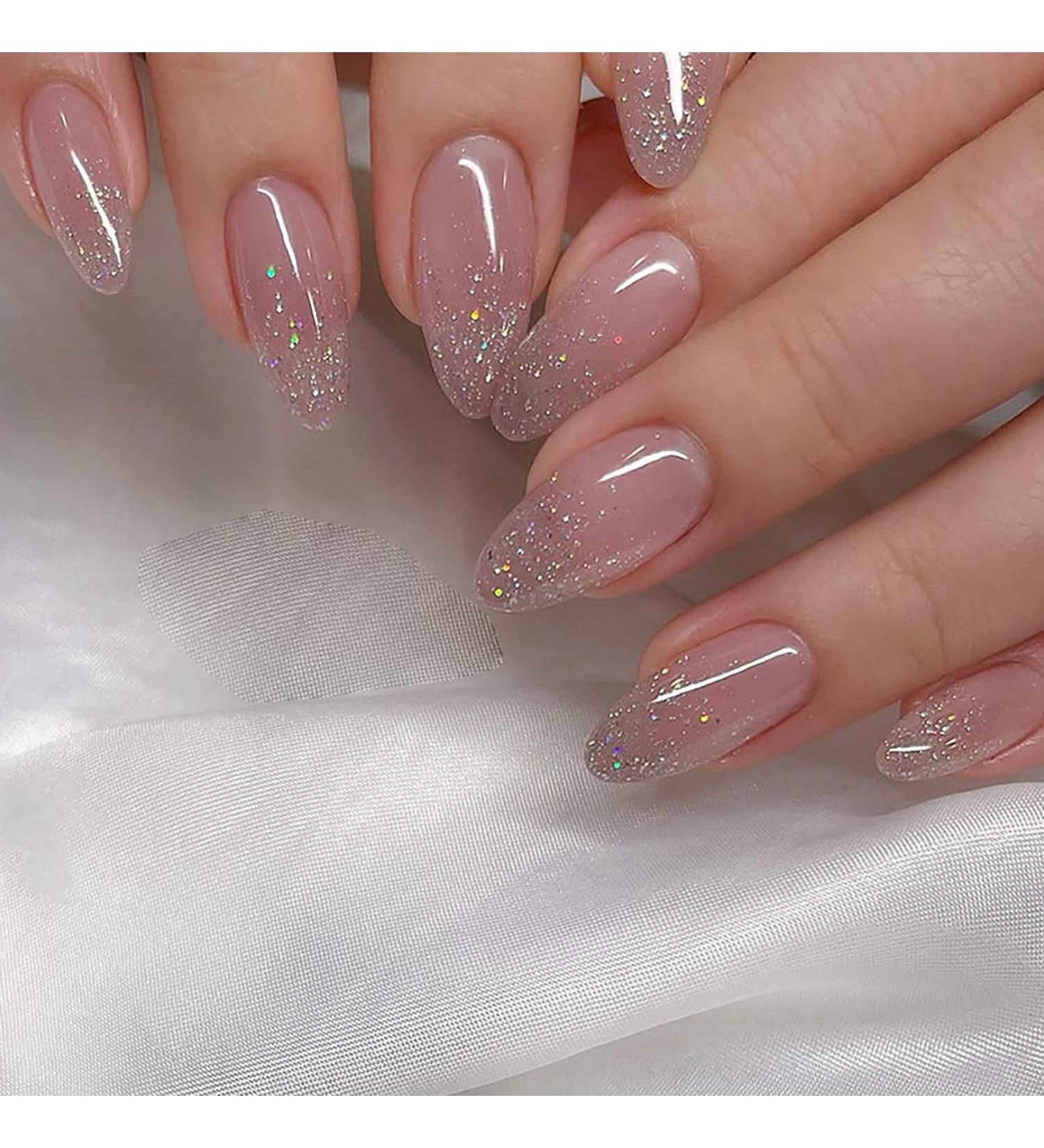 24Pcs Medium Long Nude Pink Glitter False Nails - Almond Shaped Press on Nails for Women - Full Cover Acrylic Nail Art Supplies - Buy Online on GoSupps.com