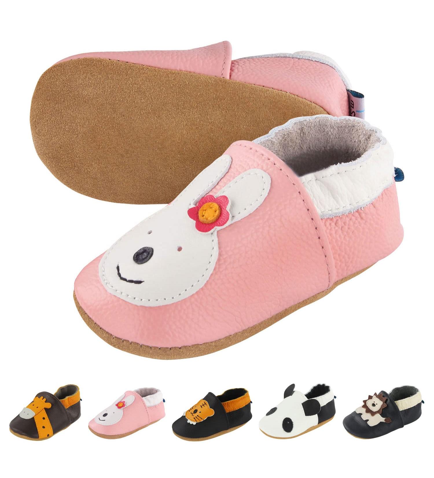 Soft Leather Baby Boy/Girl Sneakers | Non-Slip Rubber Soles | Prewalker Shoes 0-24 Months | Pink Bunny Design - Buy Online on GoSupps.com