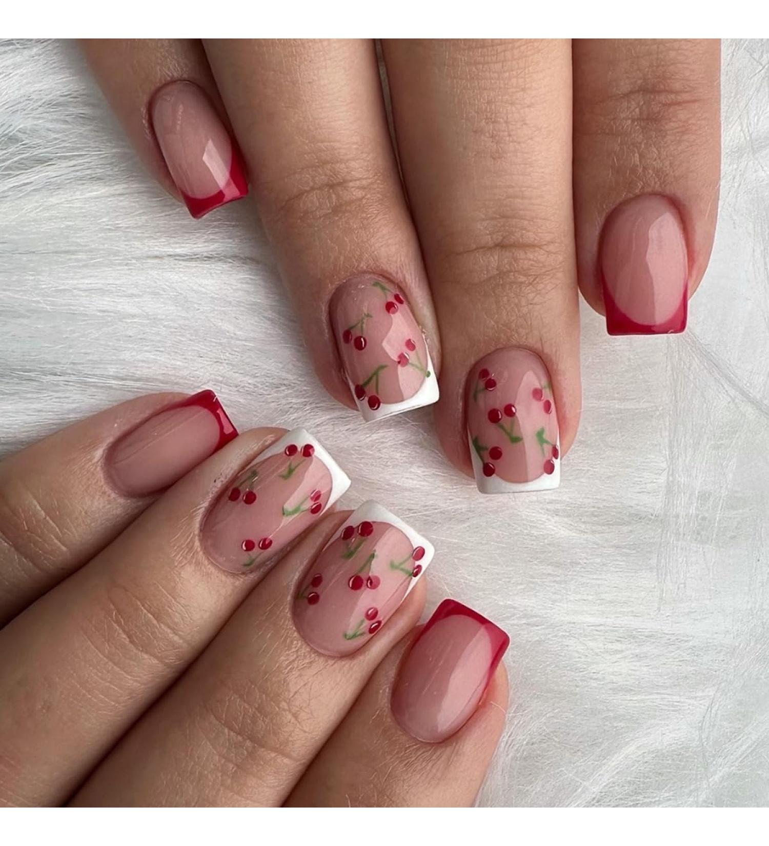 French Tips Press On Nails - Pink Glossy Cherry Design | Short Square False Nails - 24 Pcs Full Cover Acrylic Nail Art Kit for Women & Men - Buy Online on GoSupps.com