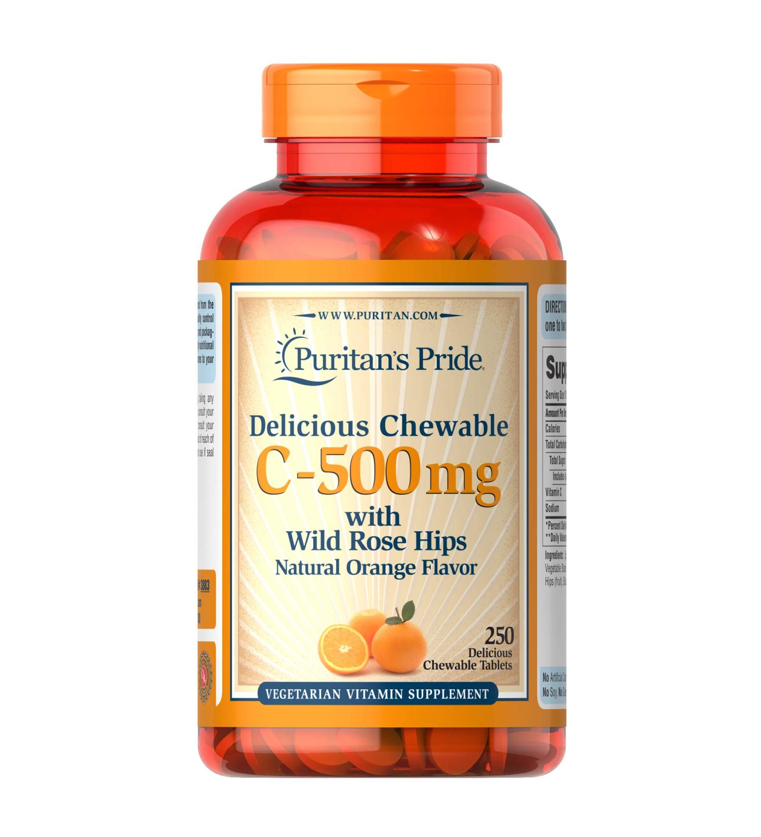 Puritan's Pride Chewable Vitamin C 500mg with Rose Hips - 250 Count - Immune System Support - Buy Online on GoSupps.com
